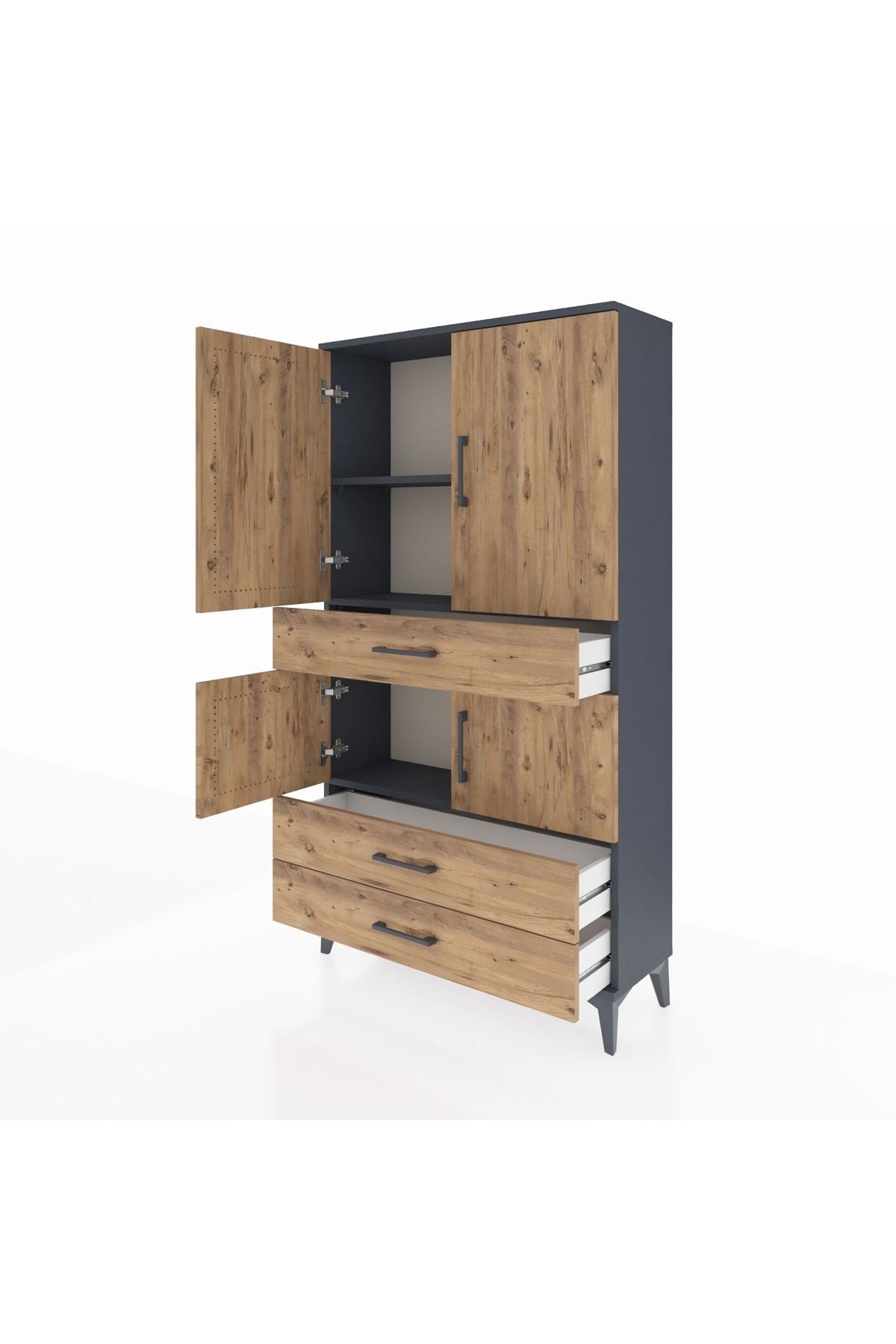 Arges Dolap 3 Raflı 3 Çekmeceli 4 Kapaklı 88x30x163 Antrasit-Çam