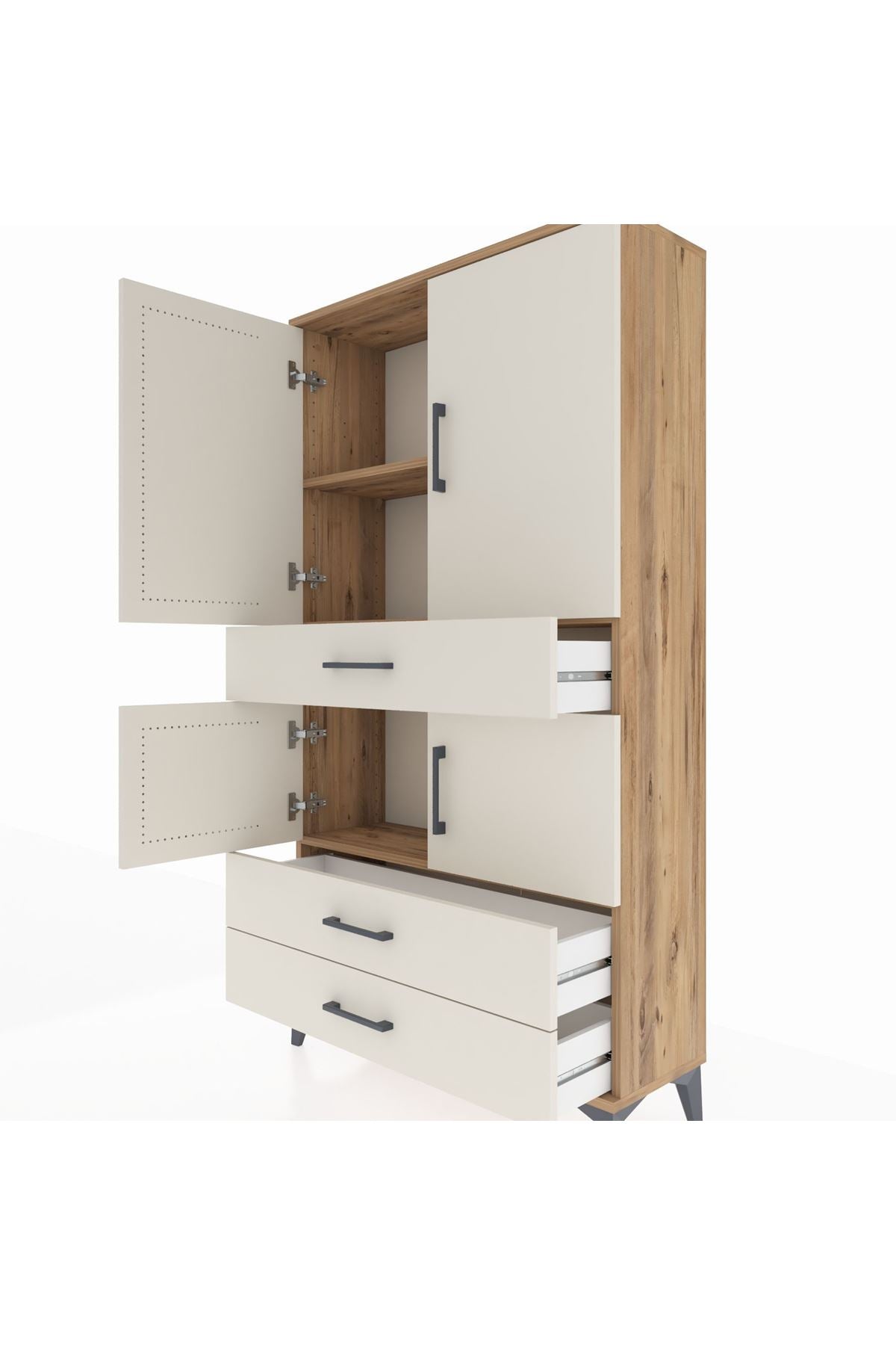 Arges Dolap 3 Raflı 3 Çekmeceli 4 Kapaklı 88x30x163 Çam-Aytaşı