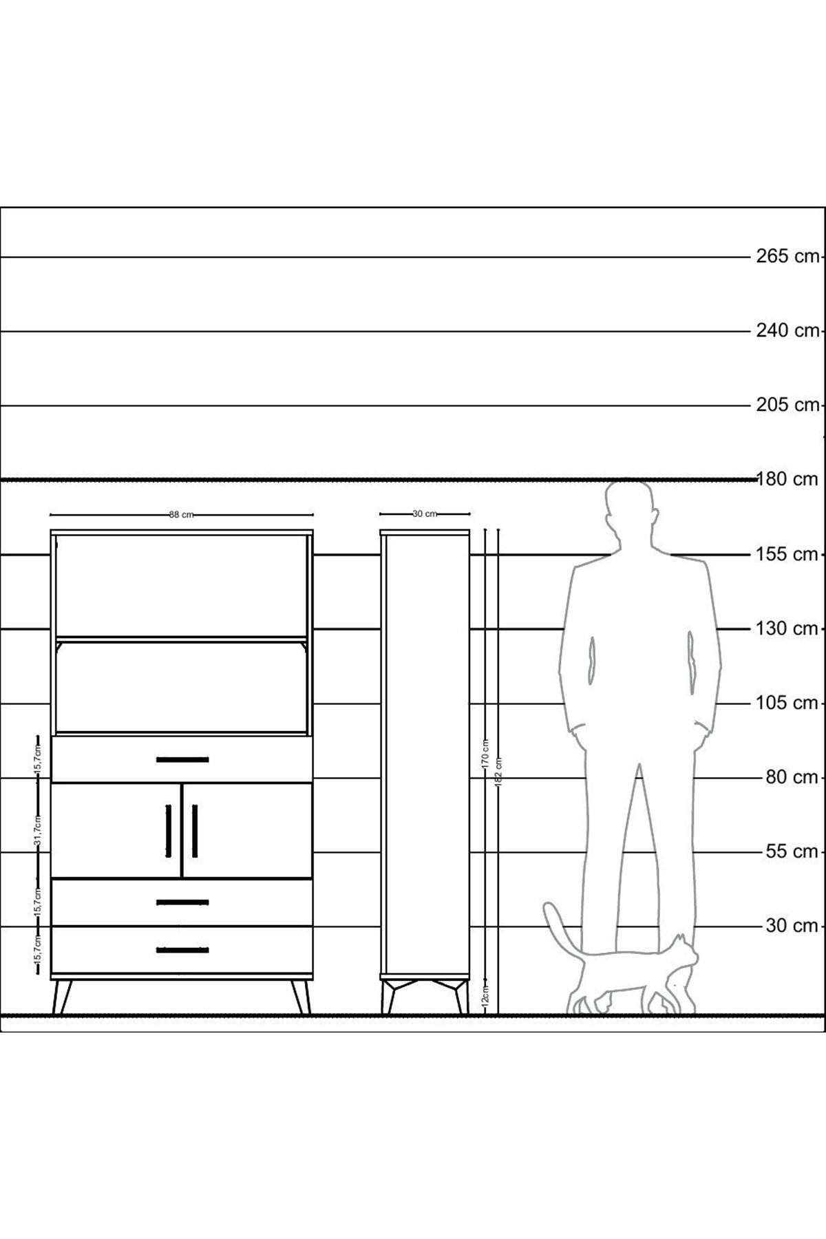 Arges Dolap 3 Raflı 3 Çekmeceli 2 Kapaklı 88x30x163 Antrasit-Çam