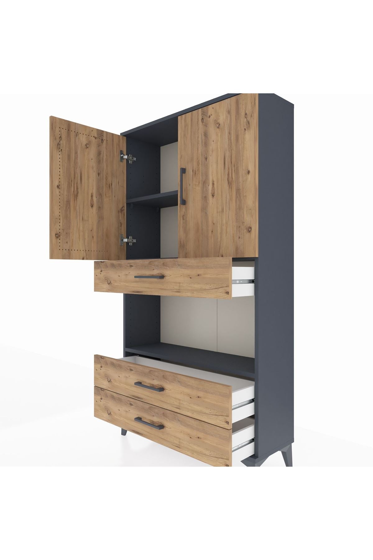 Arges Dolap 3 Raflı 3 Çekmeceli 2 Kapaklı 88x30x163 Antrasit-Çam