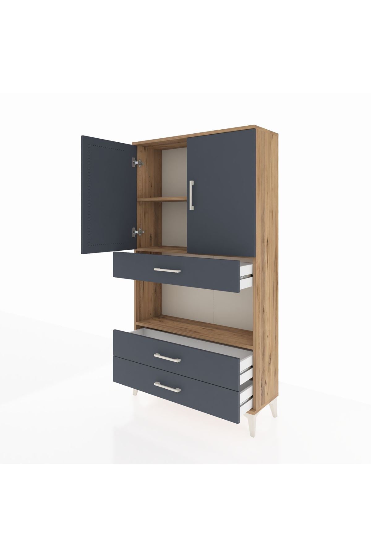 Arges Dolap 3 Raflı 3 Çekmeceli 2 Kapaklı 88x30x163 Çam-Antrasit