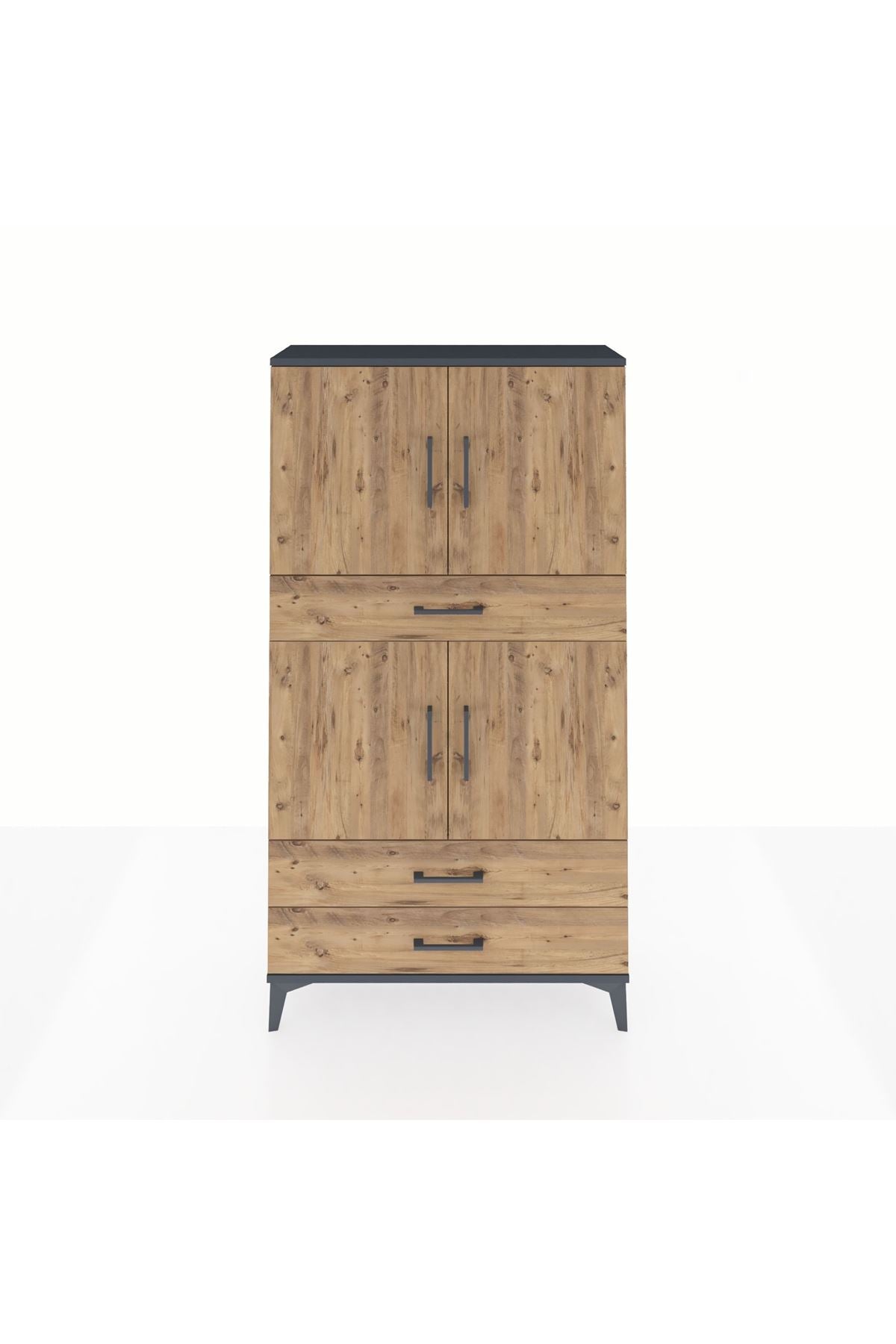 Arges Dolap 4 Raflı 3 Çekmeceli 4 Kapaklı 88x30x163 Antrasit-Çam