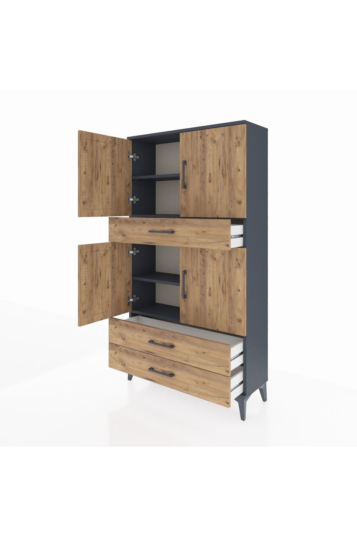 Arges Dolap 4 Raflı 3 Çekmeceli 4 Kapaklı 88x30x163 Antrasit-Çam