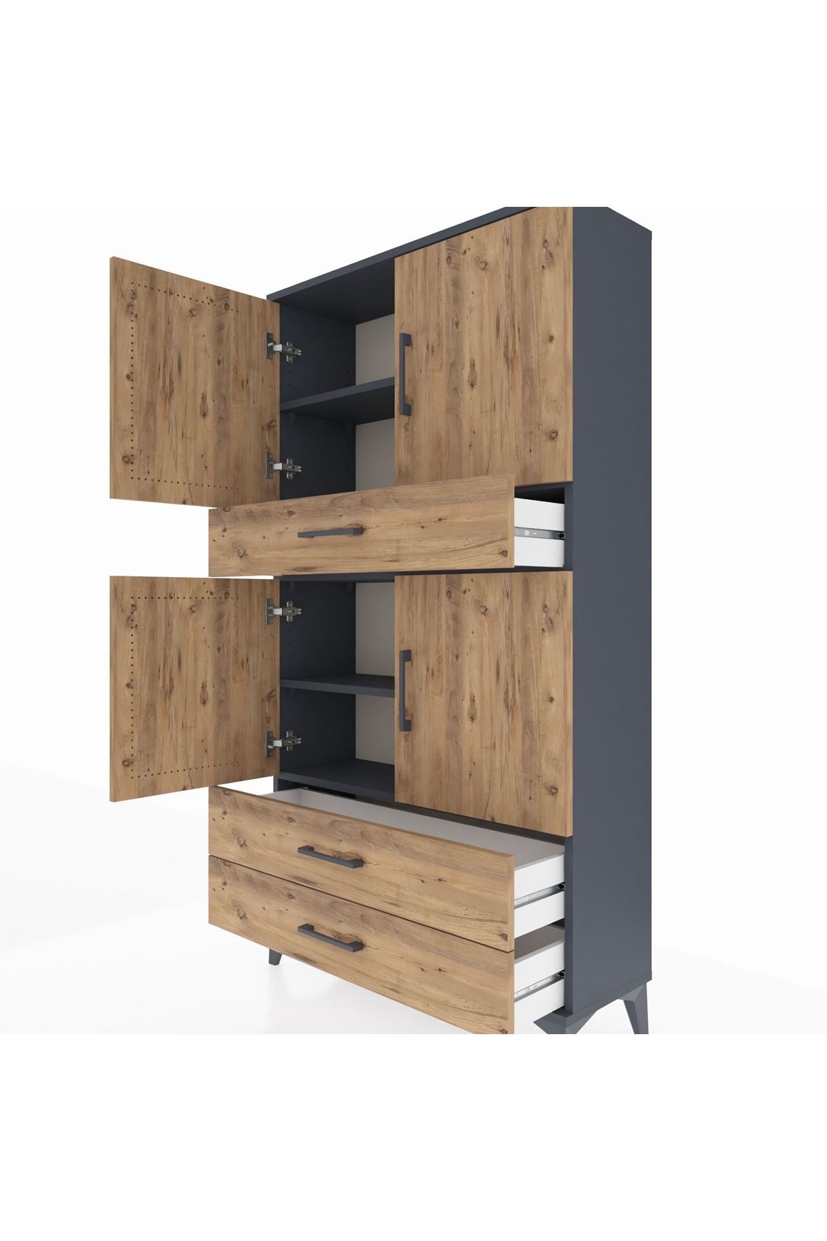 Arges Dolap 4 Raflı 3 Çekmeceli 4 Kapaklı 88x30x163 Antrasit-Çam