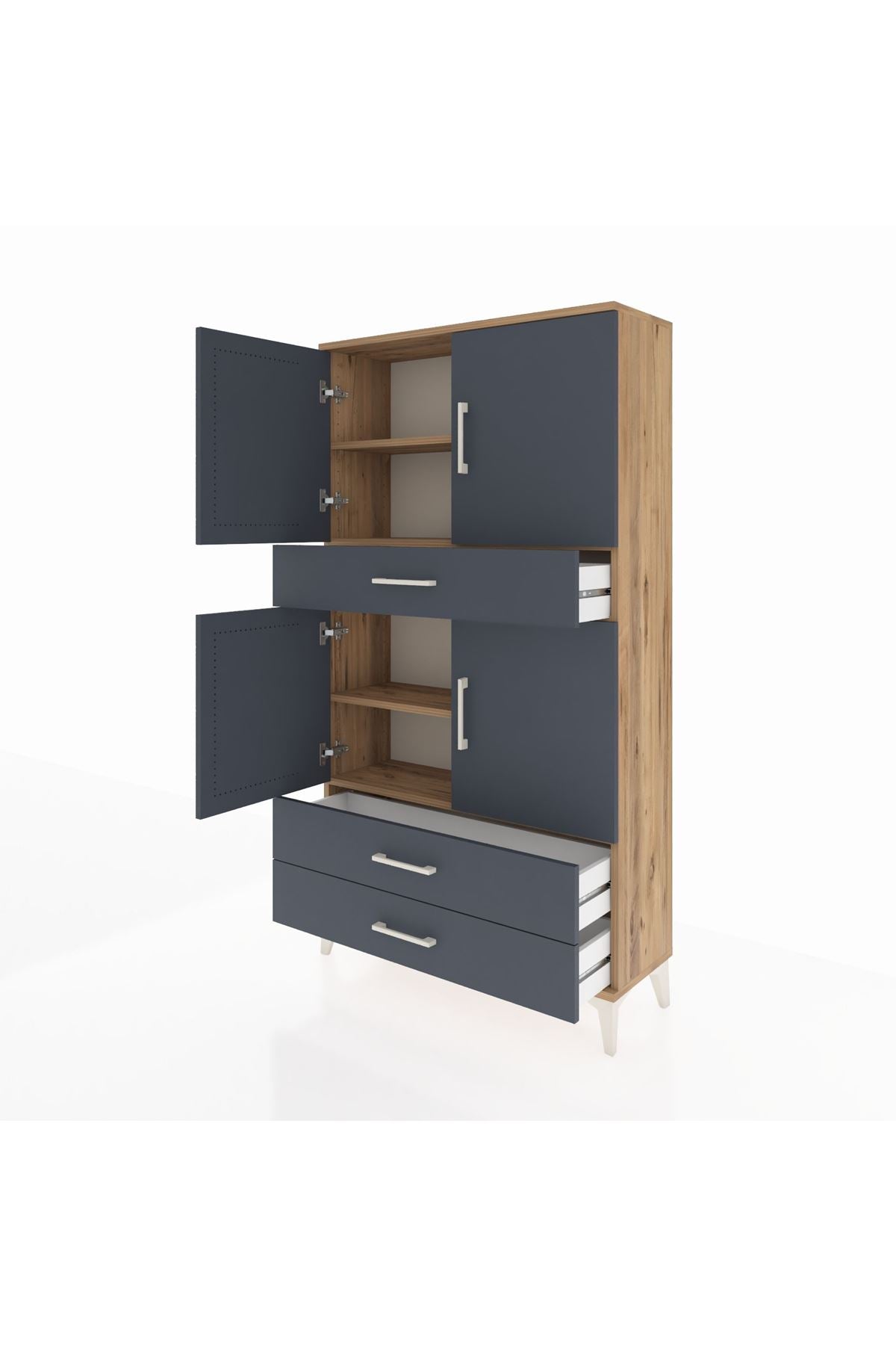 Arges Dolap 4 Raflı 3 Çekmeceli 4 Kapaklı 88x30x163 Çam-Antrasit