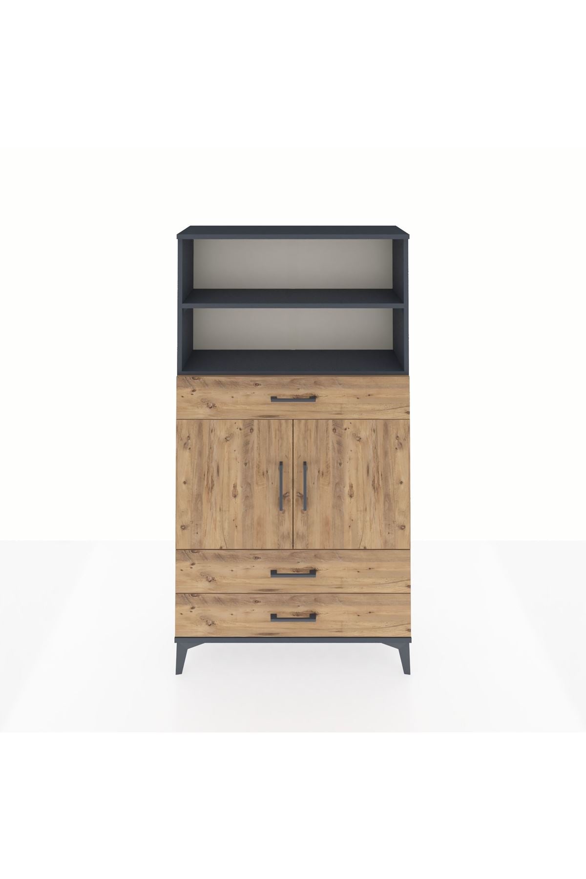 Arges Dolap 4 Raflı 3 Çekmeceli 2 Kapaklı 88x30x163 Antrasit-Çam