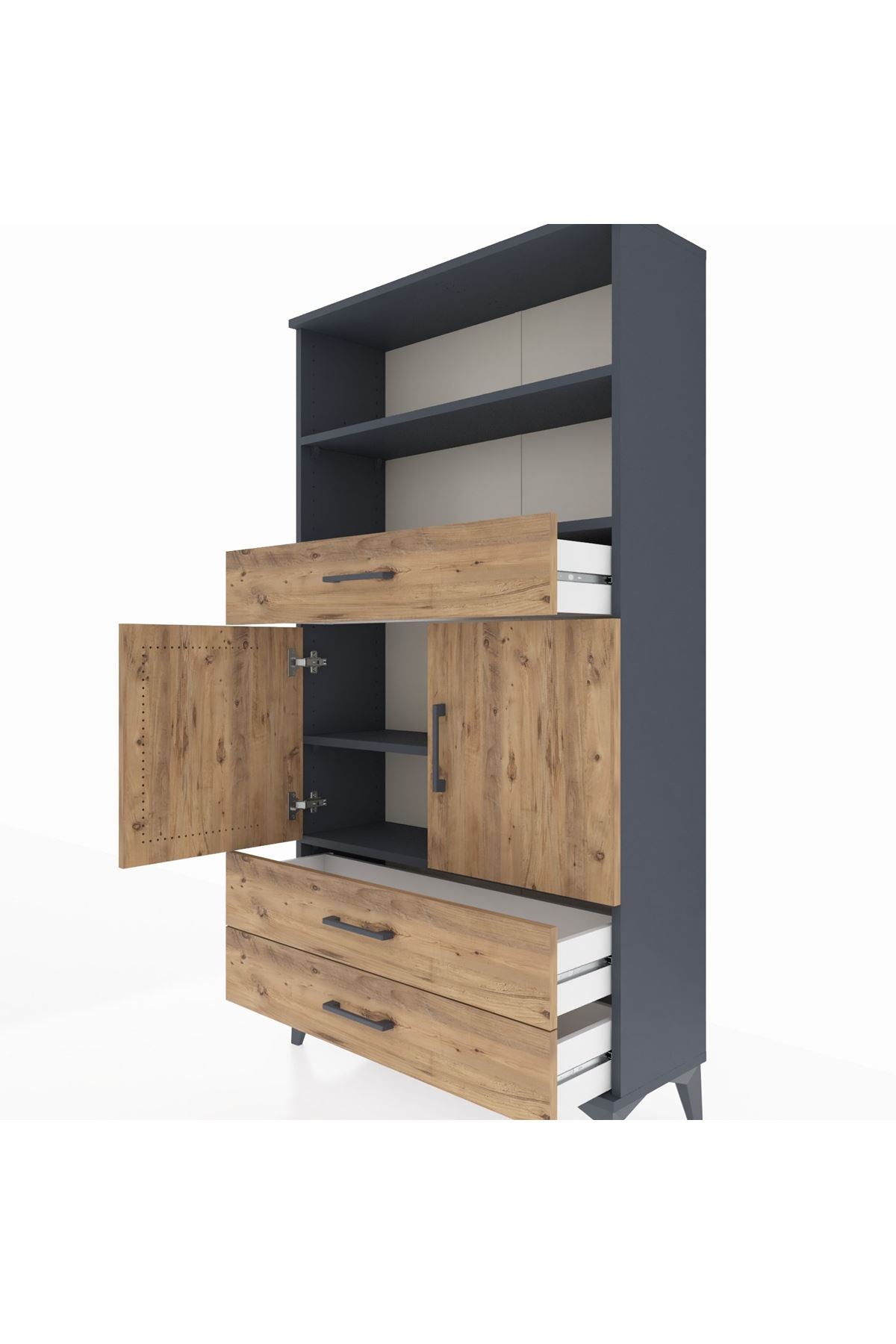 Arges Dolap 4 Raflı 3 Çekmeceli 2 Kapaklı 88x30x163 Antrasit-Çam