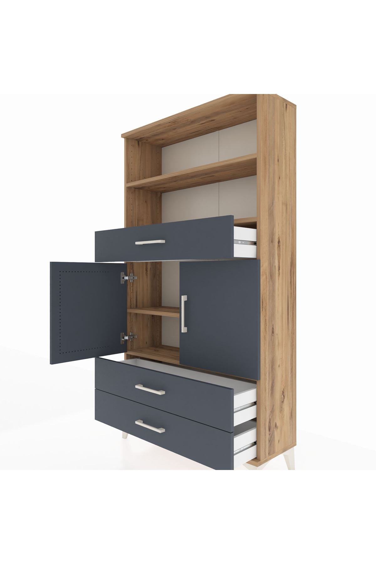 Arges Dolap 4 Raflı 3 Çekmeceli 2 Kapaklı 88x30x163 Çam-Antrasit