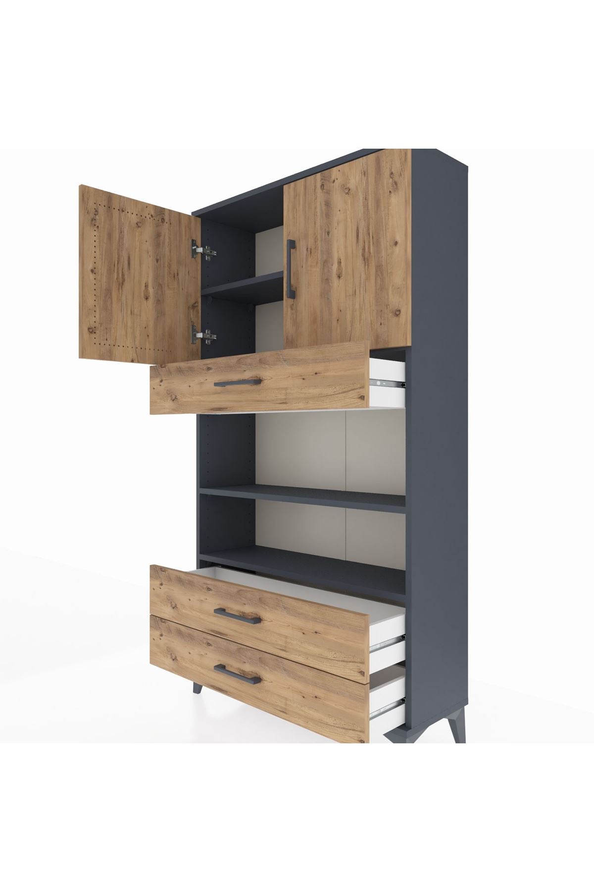 Arges Dolap 4 Raflı 3 Çekmeceli 2 Kapaklı 88x30x163 Antrasit-Çam