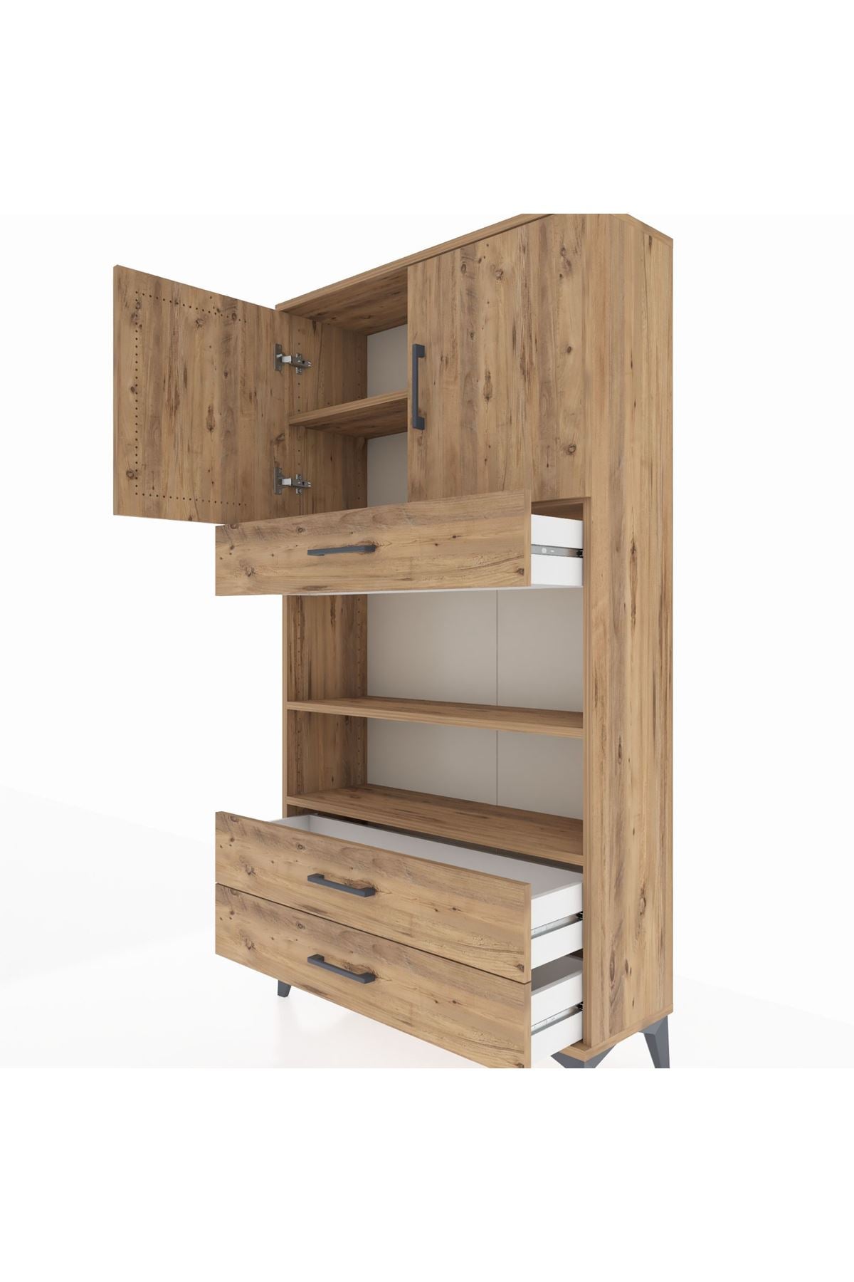 Arges Dolap 4 Raflı 3 Çekmeceli 2 Kapaklı 88x30x163 Çam-Çam