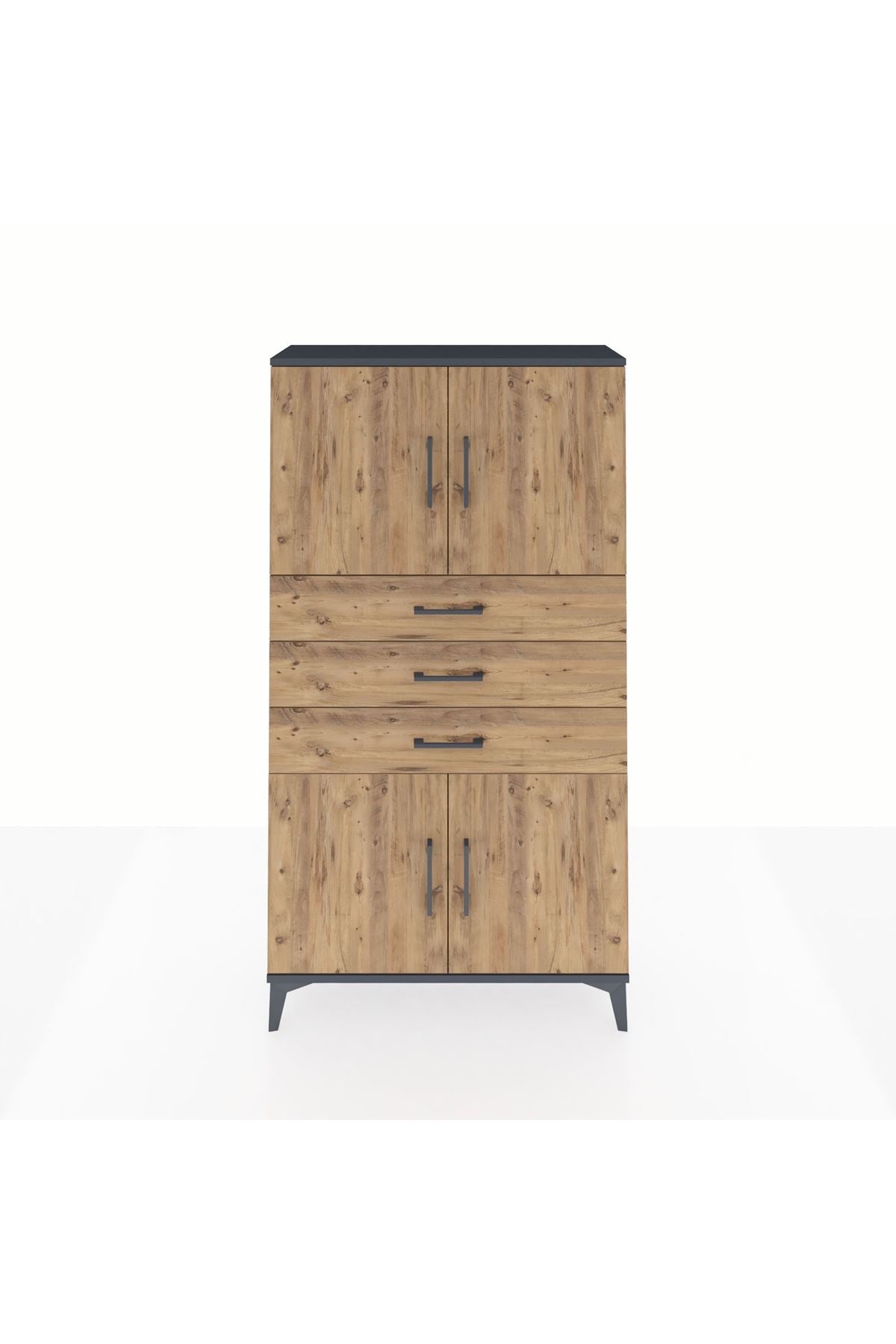 Arges Dolap 3 Raflı 3 Çekmeceli 4 Kapaklı 88x30x163 Antrasit-Çam