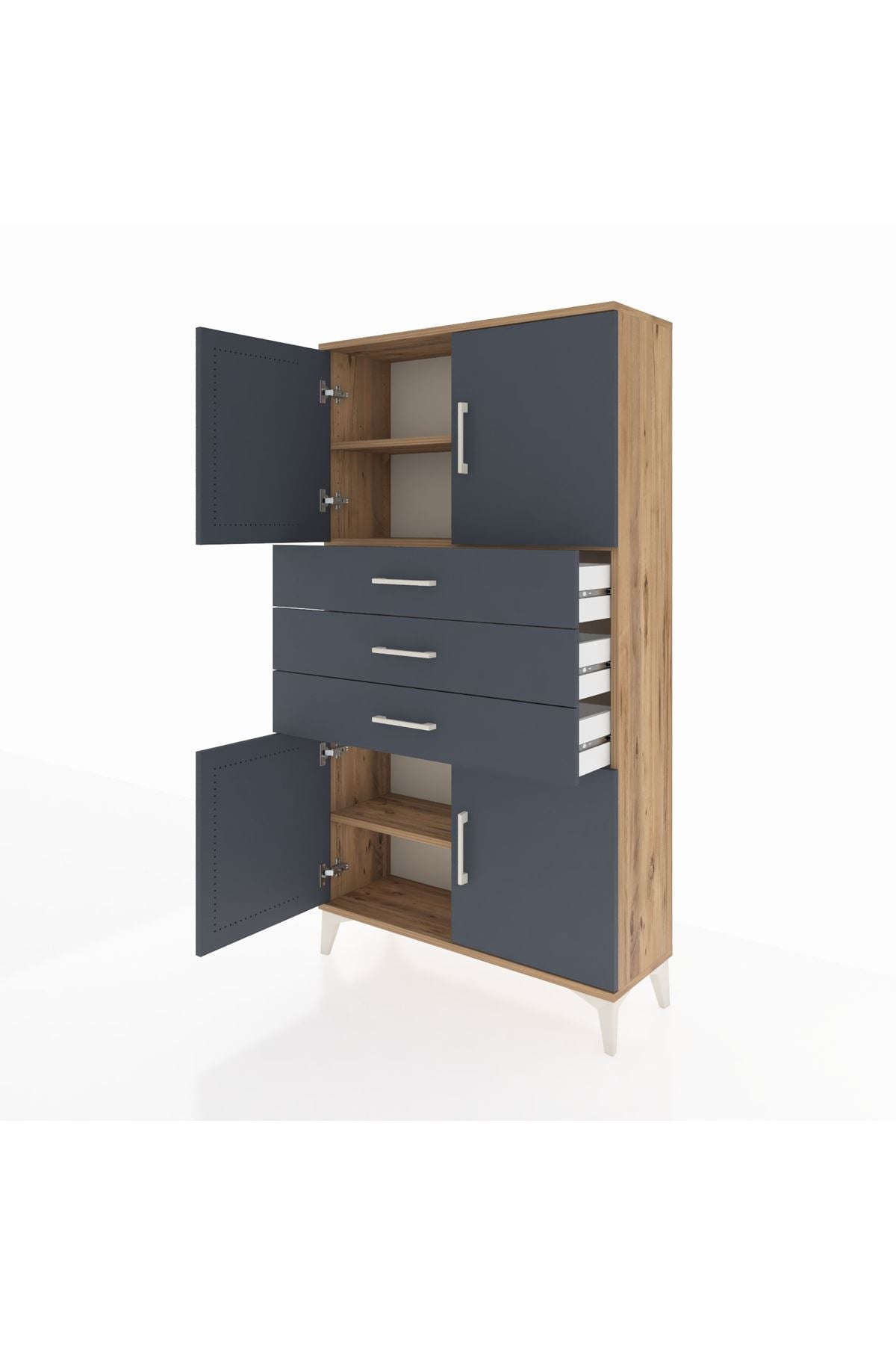 Arges Dolap 3 Raflı 3 Çekmeceli 4 Kapaklı 88x30x163 Çam-Antrasit