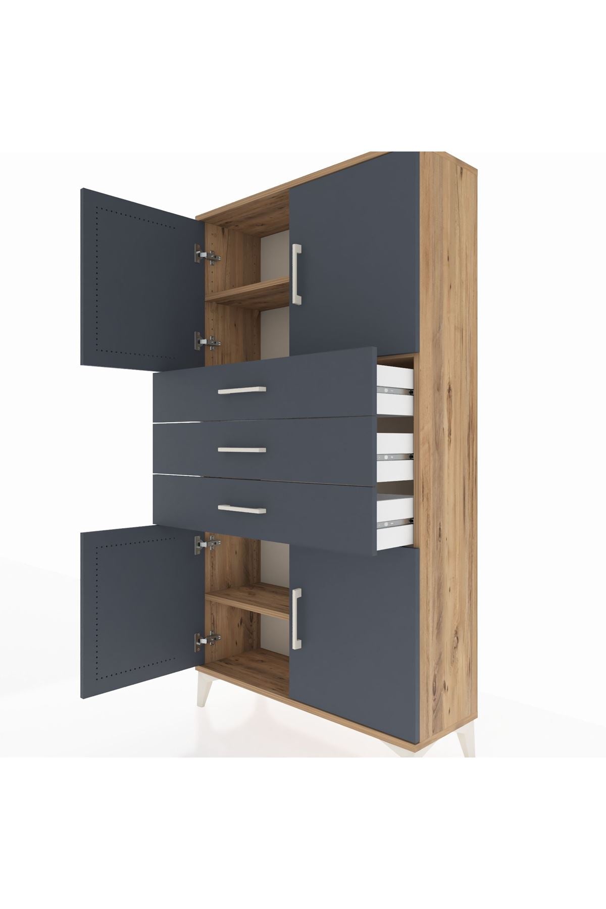 Arges Dolap 3 Raflı 3 Çekmeceli 4 Kapaklı 88x30x163 Çam-Antrasit