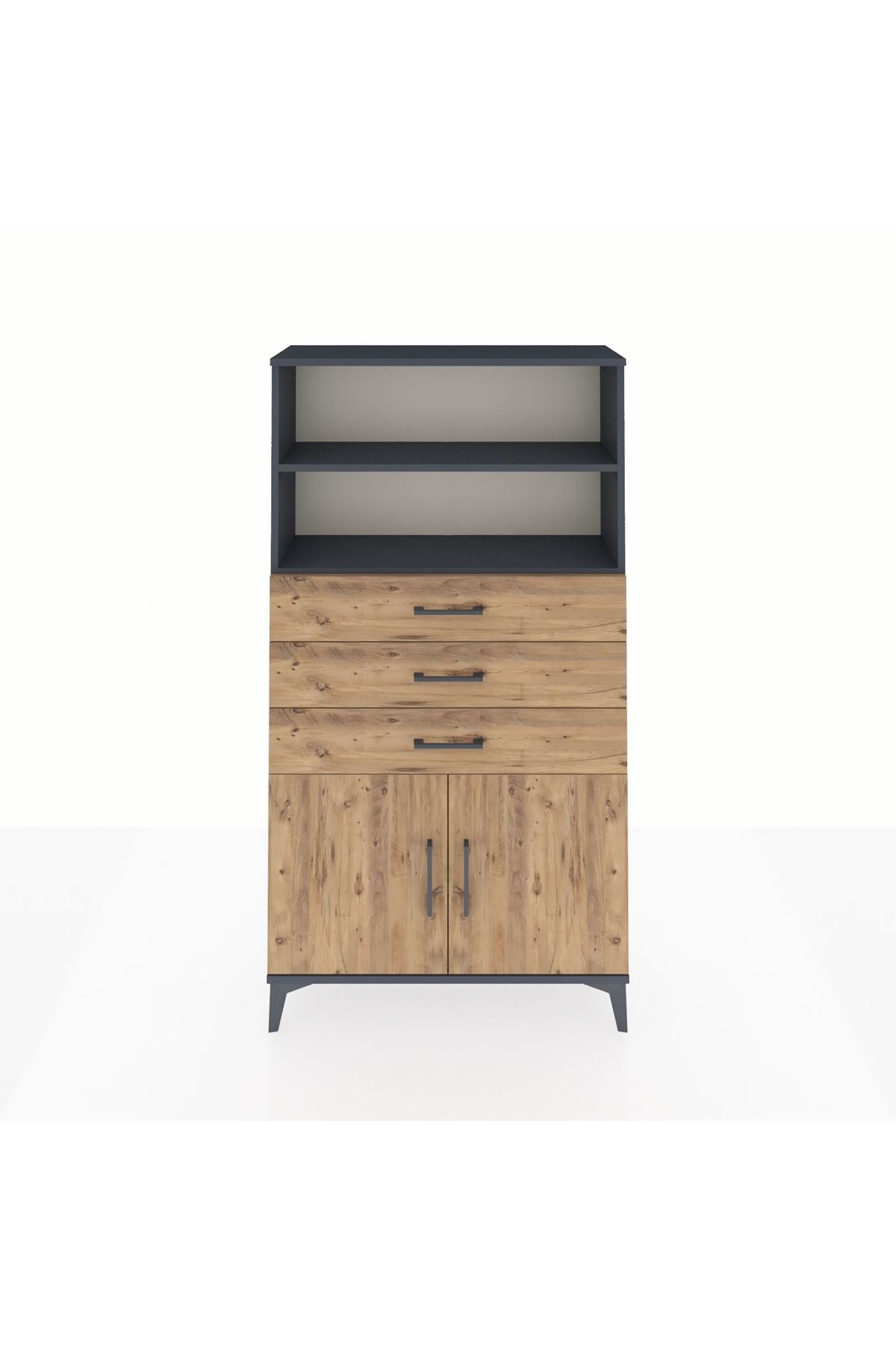 Arges Dolap 3 Raflı 3 Çekmeceli 2 Kapaklı 88x30x163 Antrasit-Çam