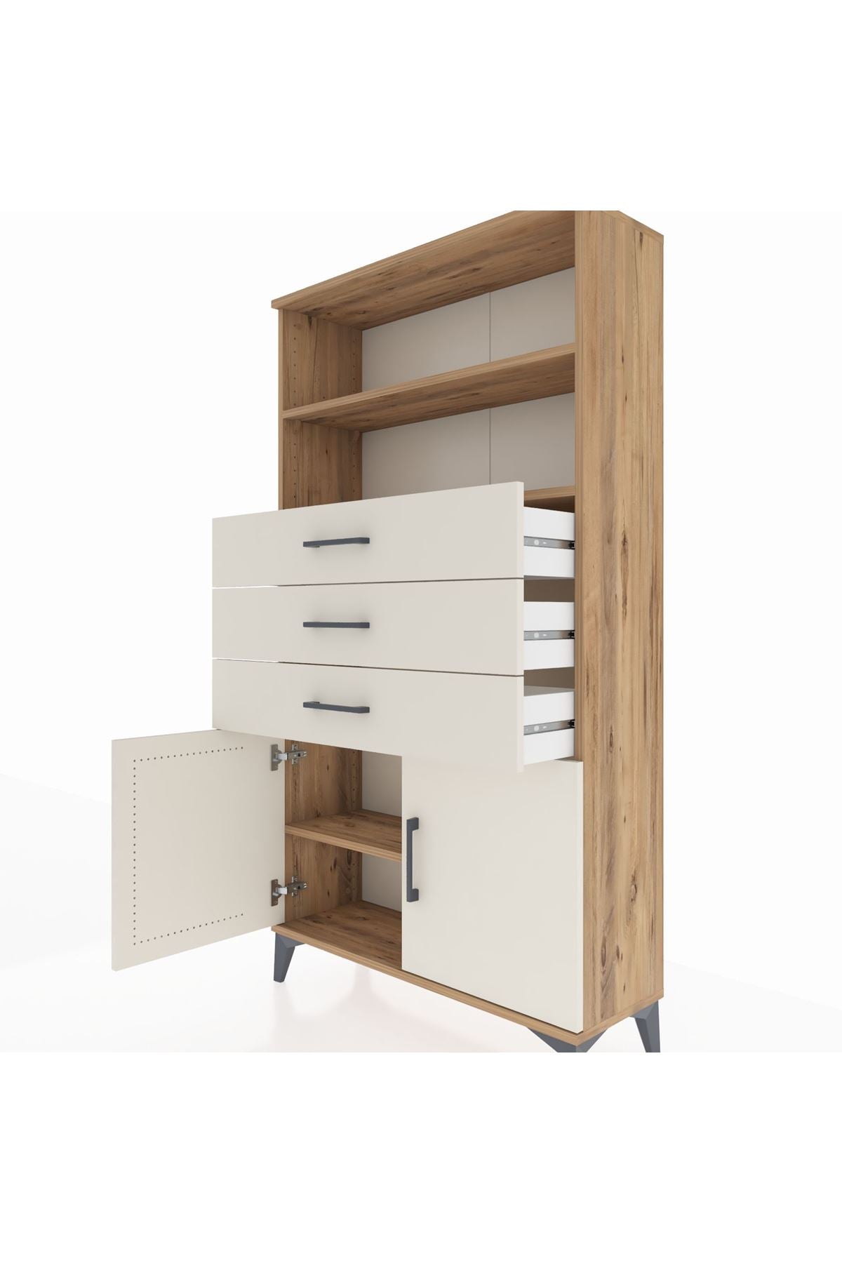 Arges Dolap 3 Raflı 3 Çekmeceli 2 Kapaklı 88x30x163 Çam-Aytaşı