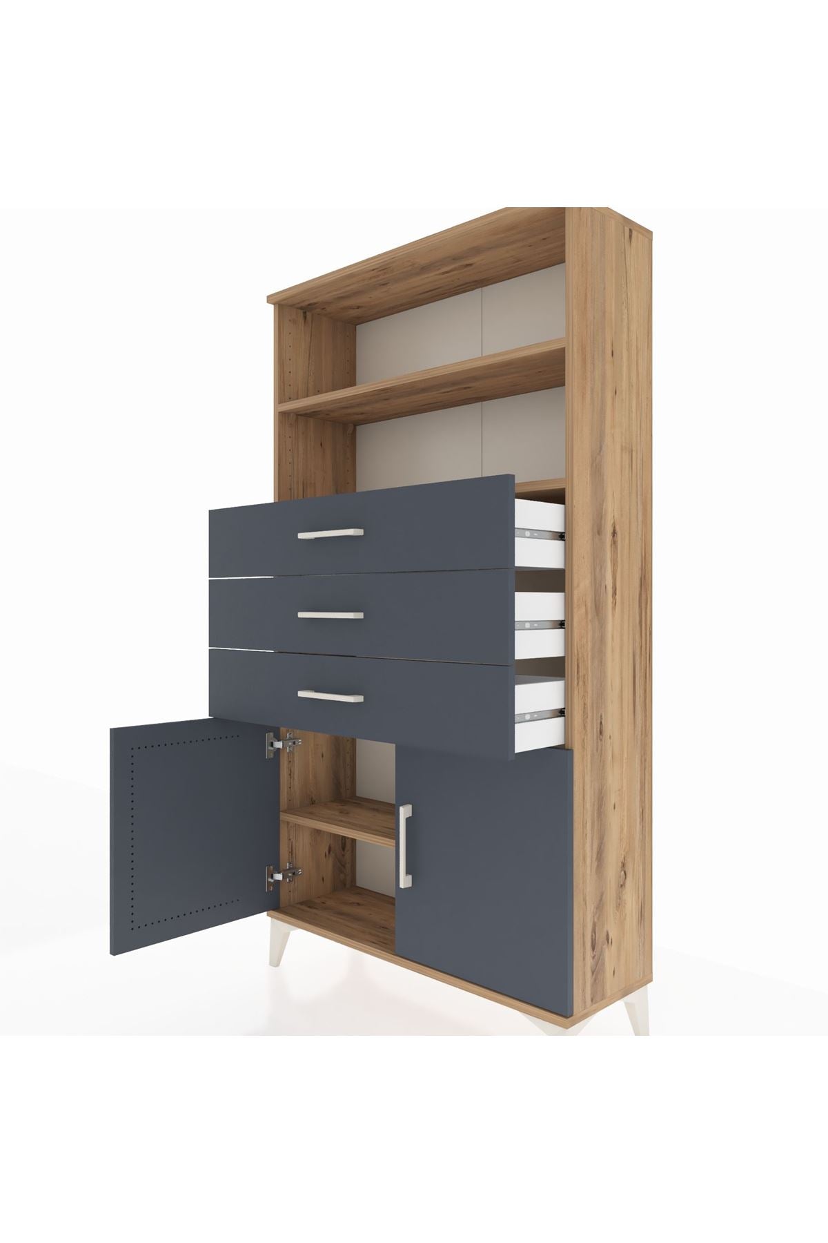 Arges Dolap 3 Raflı 3 Çekmeceli 2 Kapaklı 88x30x163 Çam-Antrasit