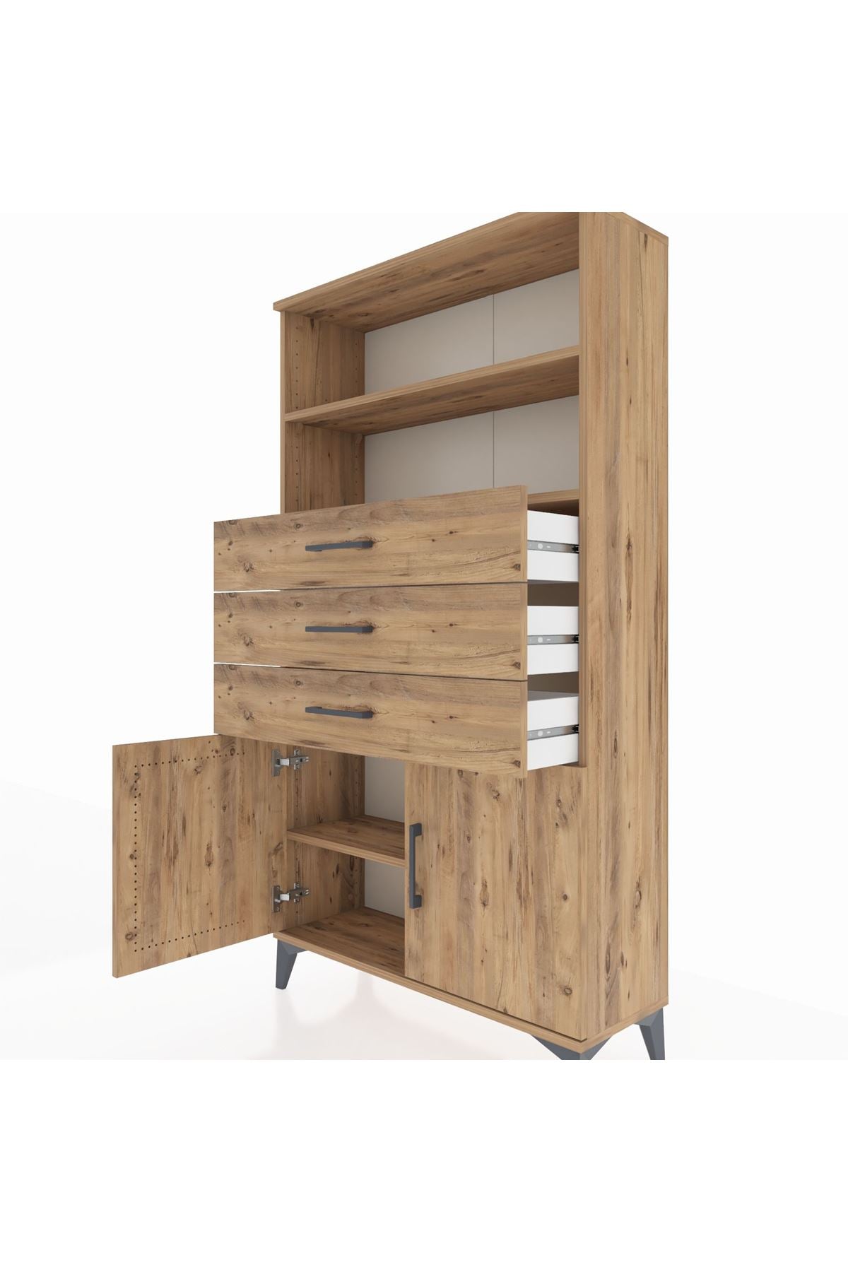 Arges Dolap 3 Raflı 3 Çekmeceli 2 Kapaklı 88x30x163 Çam-Çam