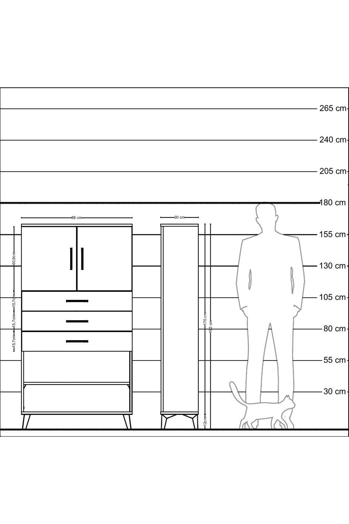 Arges Dolap 3 Raflı 3 Çekmeceli 2 Kapaklı 88x30x163 Antrasit-Çam