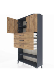 Arges Dolap 3 Raflı 3 Çekmeceli 2 Kapaklı 88x30x163 Antrasit-Çam