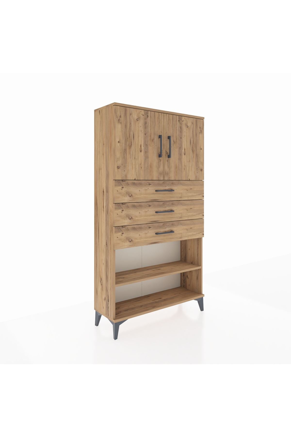 Arges Dolap 3 Raflı 3 Çekmeceli 2 Kapaklı 88x30x163 Çam-Çam