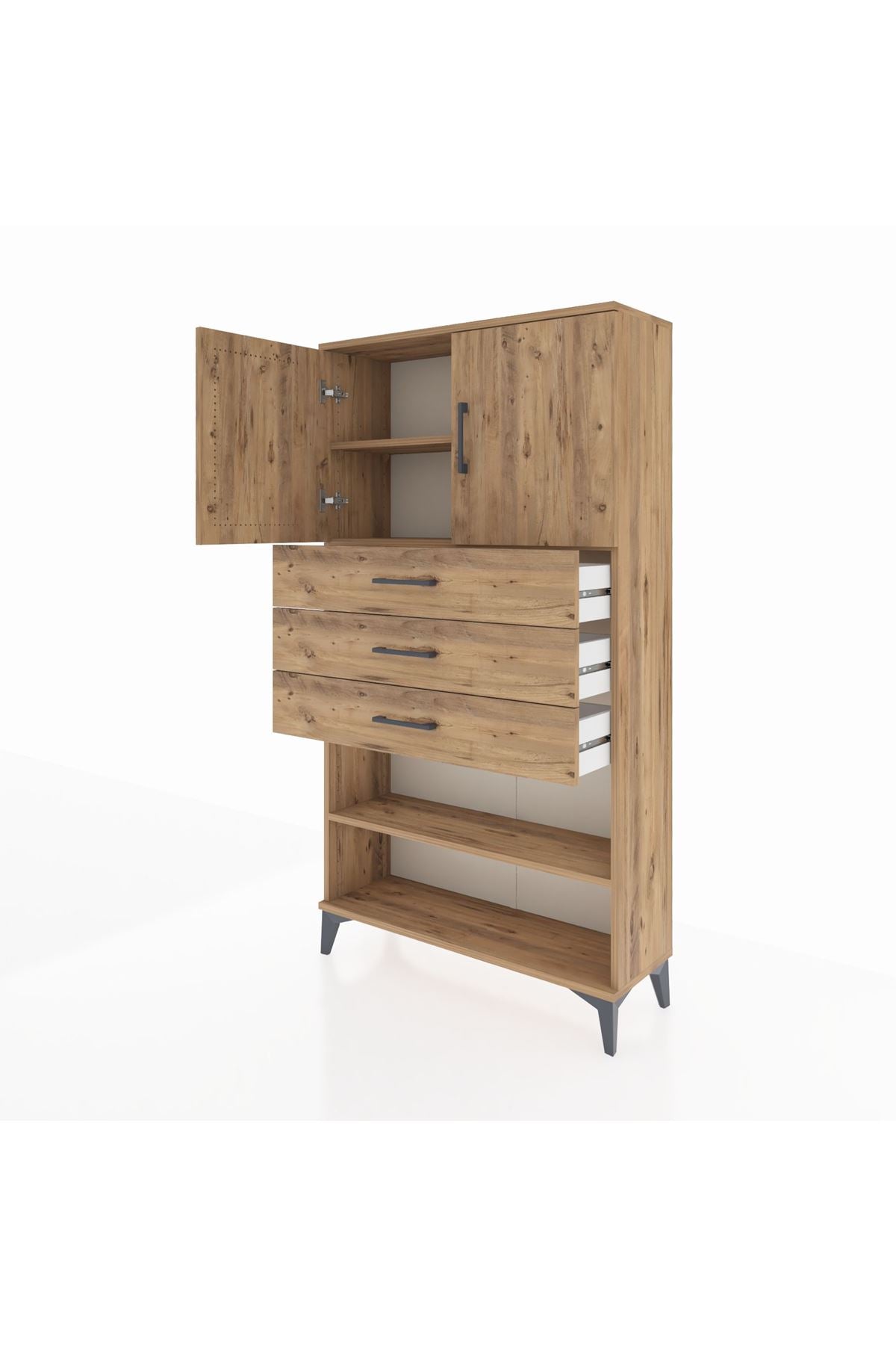 Arges Dolap 3 Raflı 3 Çekmeceli 2 Kapaklı 88x30x163 Çam-Çam