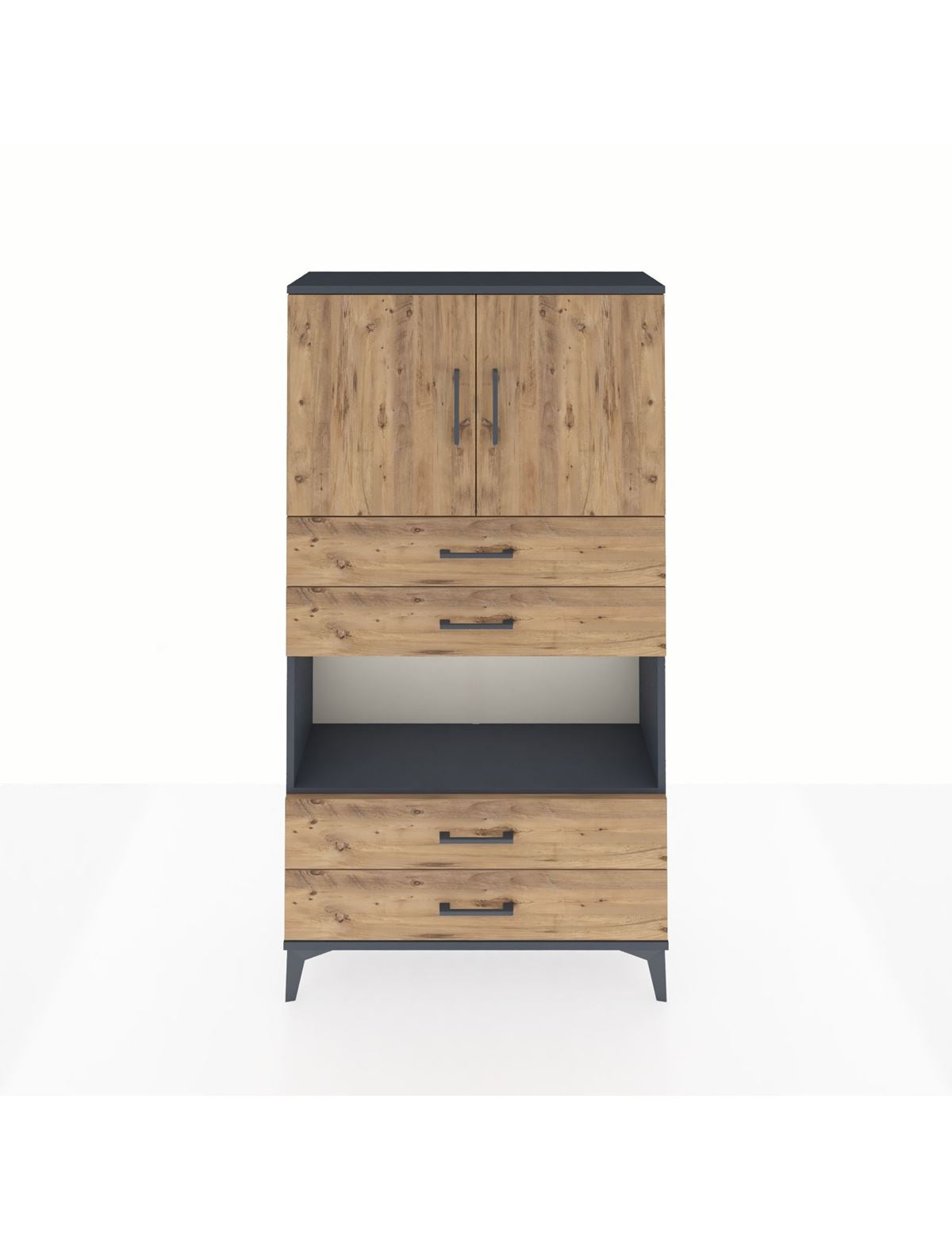 Arges Dolap 3 Raflı 4 Çekmeceli 2 Kapaklı 88x30x163 Antrasit-Çam