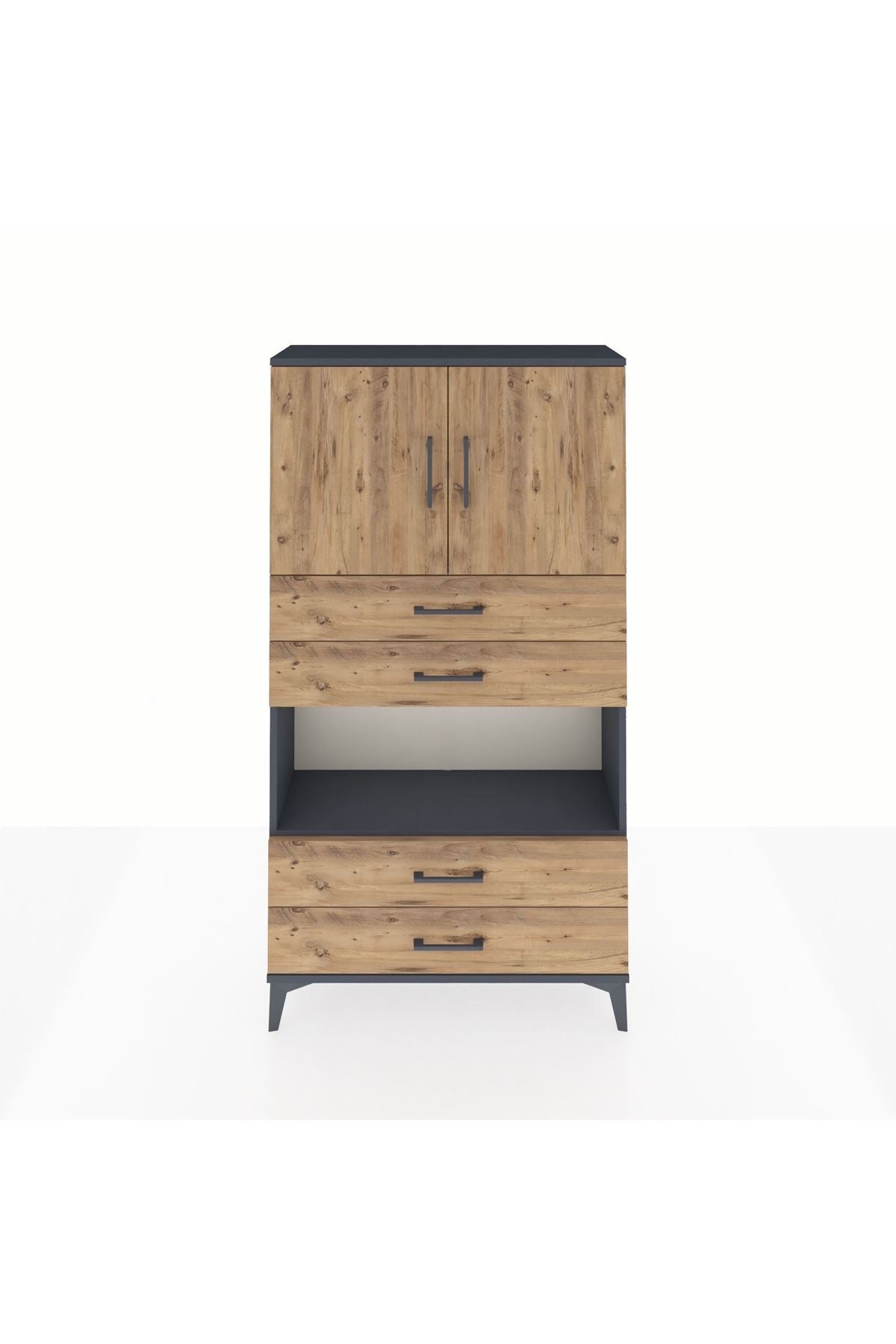 Arges Dolap 3 Raflı 4 Çekmeceli 2 Kapaklı 88x30x163 Antrasit-Çam