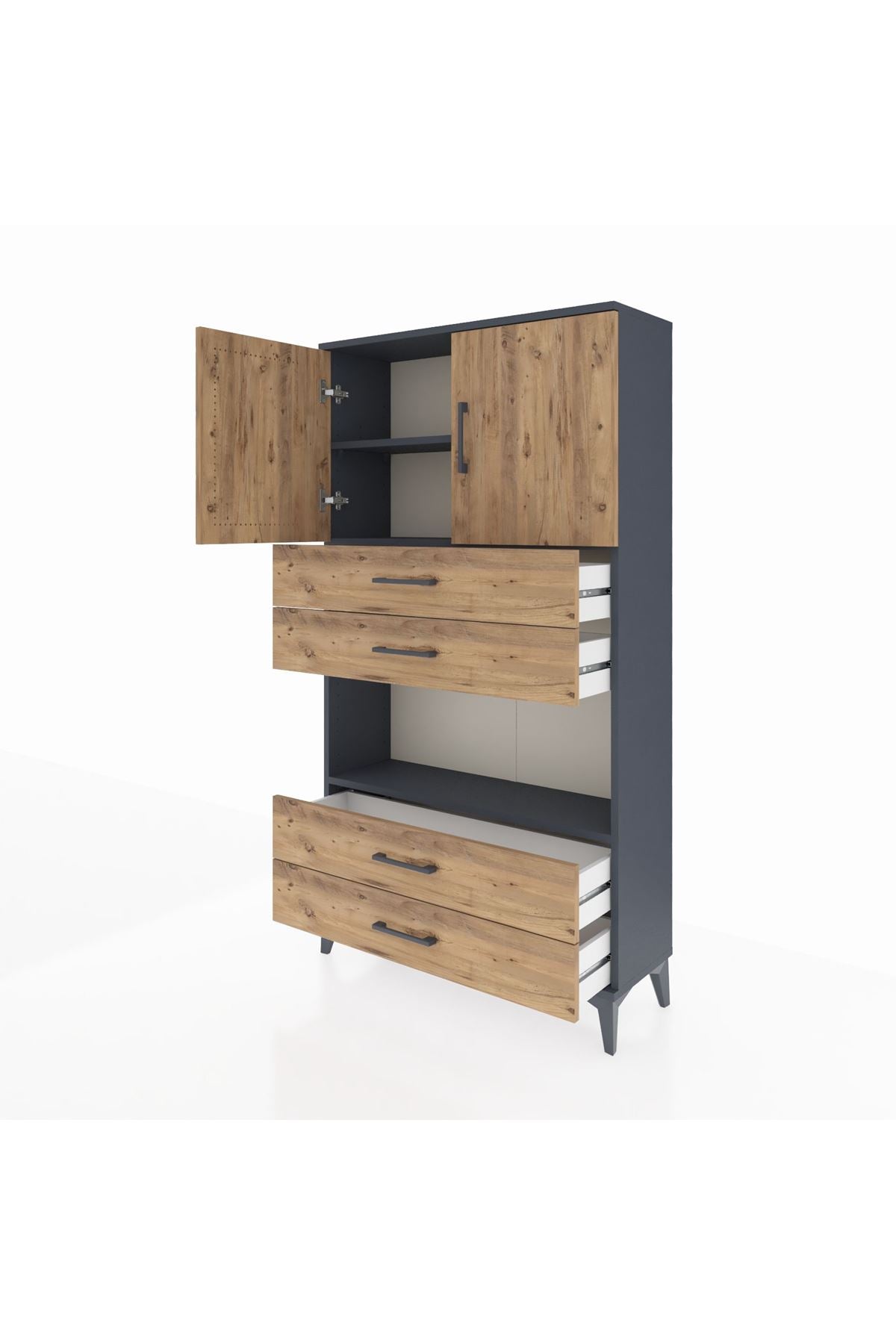 Arges Dolap 3 Raflı 4 Çekmeceli 2 Kapaklı 88x30x163 Antrasit-Çam