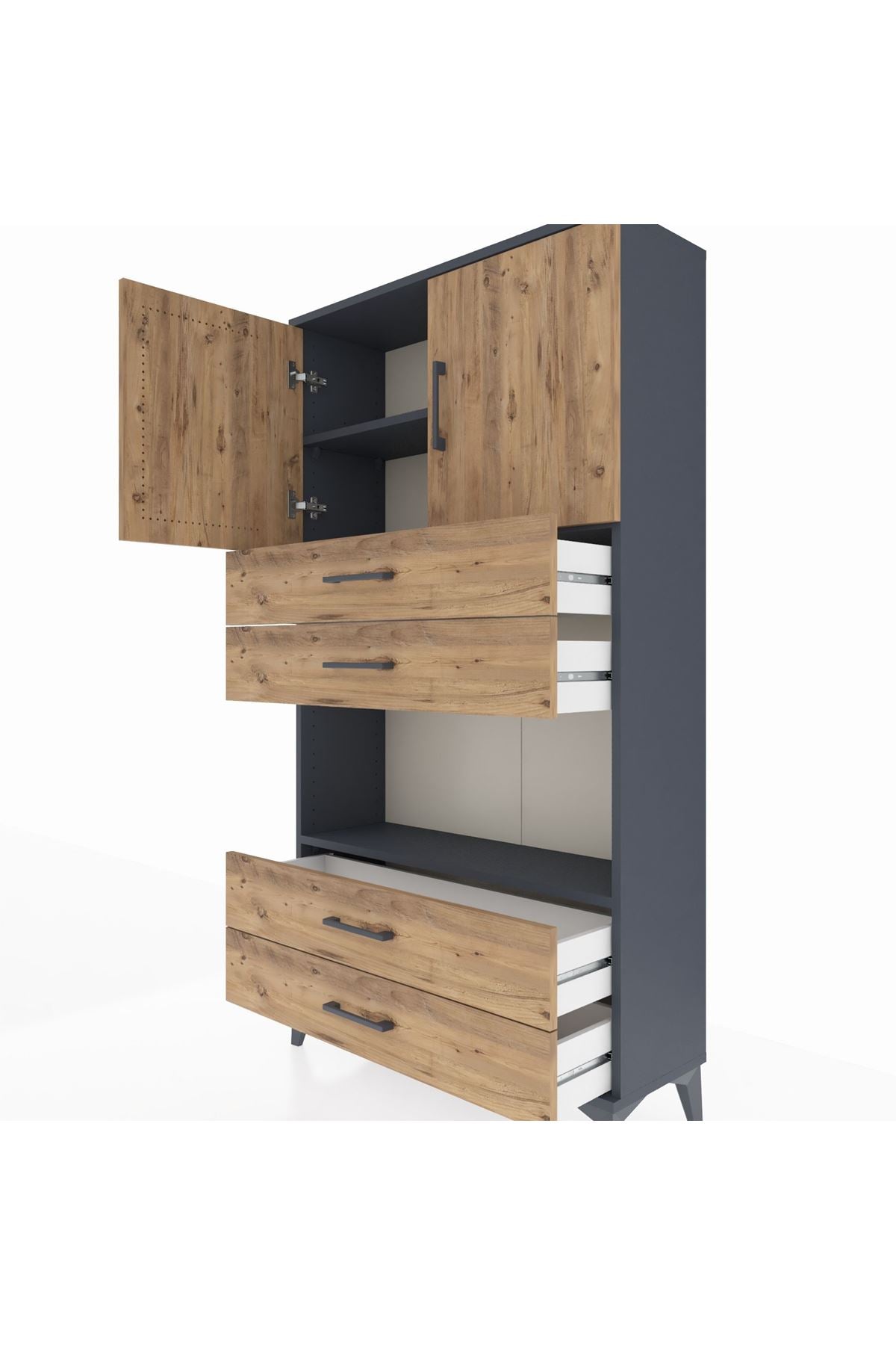 Arges Dolap 3 Raflı 4 Çekmeceli 2 Kapaklı 88x30x163 Antrasit-Çam