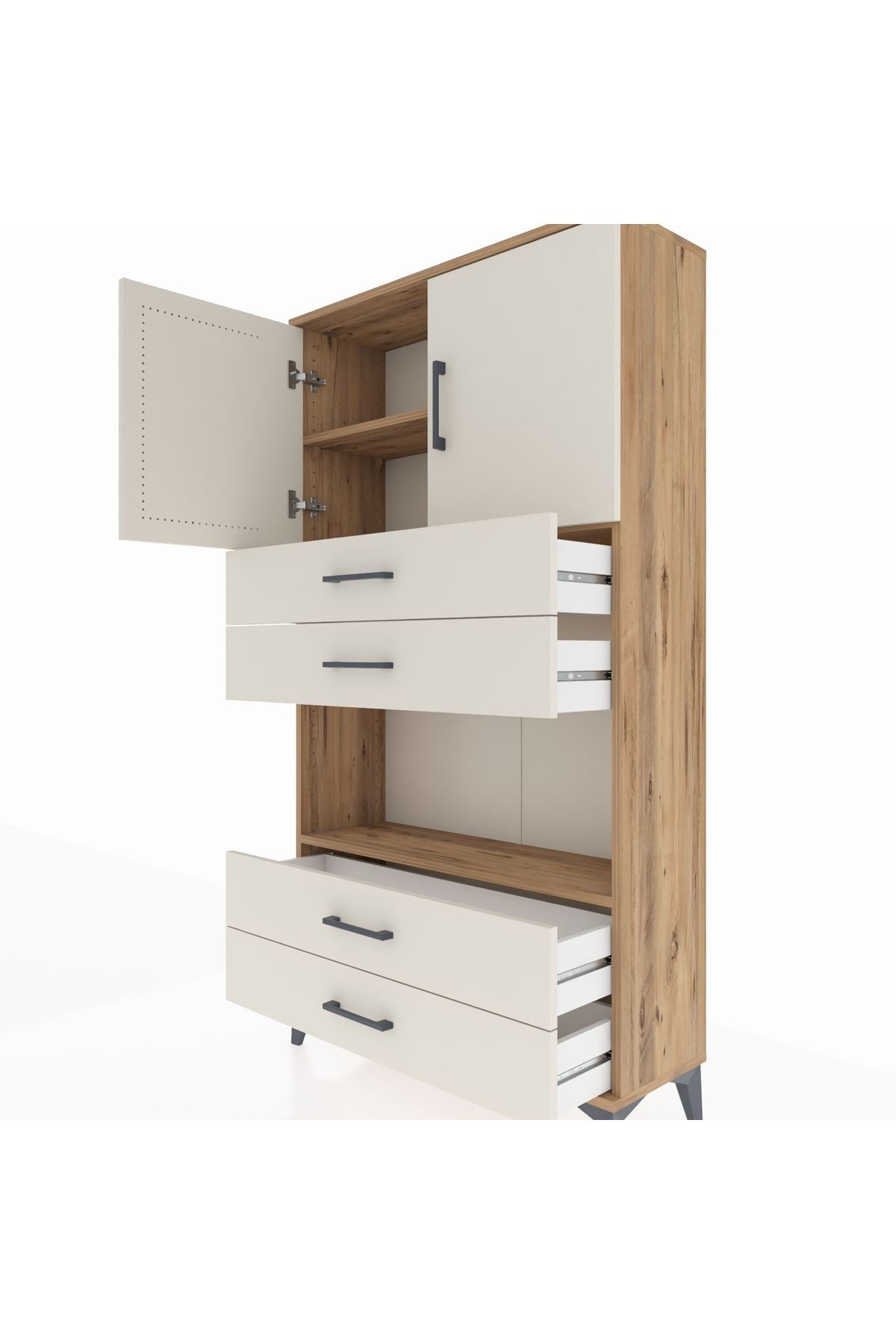 Arges Dolap 3 Raflı 4 Çekmeceli 2 Kapaklı 88x30x163 Çam-Aytaşı