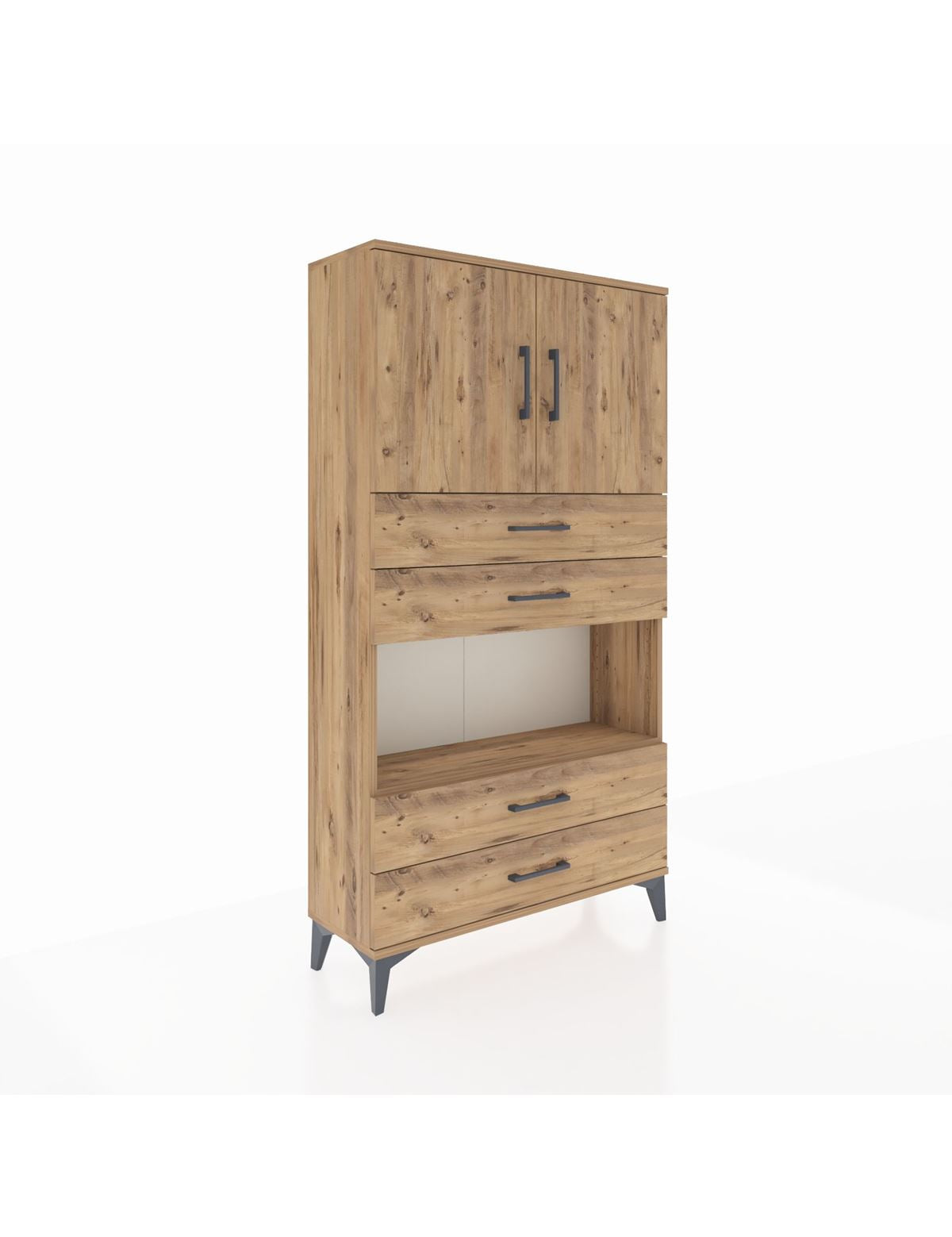 Arges Dolap 3 Raflı 4 Çekmeceli 2 Kapaklı 88x30x163 Çam-Çam