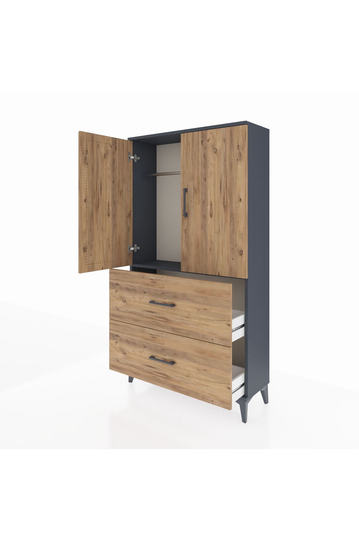 Arges Dolap Tek Raflı 2 Çekmeceli Tek Askılı 88x30x163 Antrasit-Çam