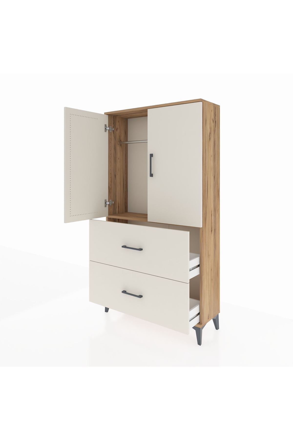 Arges Dolap Tek Raflı 2 Çekmeceli Tek Askılı 88x30x163 Çam-Aytaşı