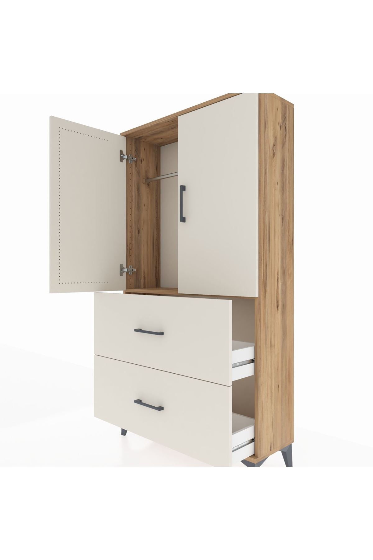 Arges Dolap Tek Raflı 2 Çekmeceli Tek Askılı 88x30x163 Çam-Aytaşı