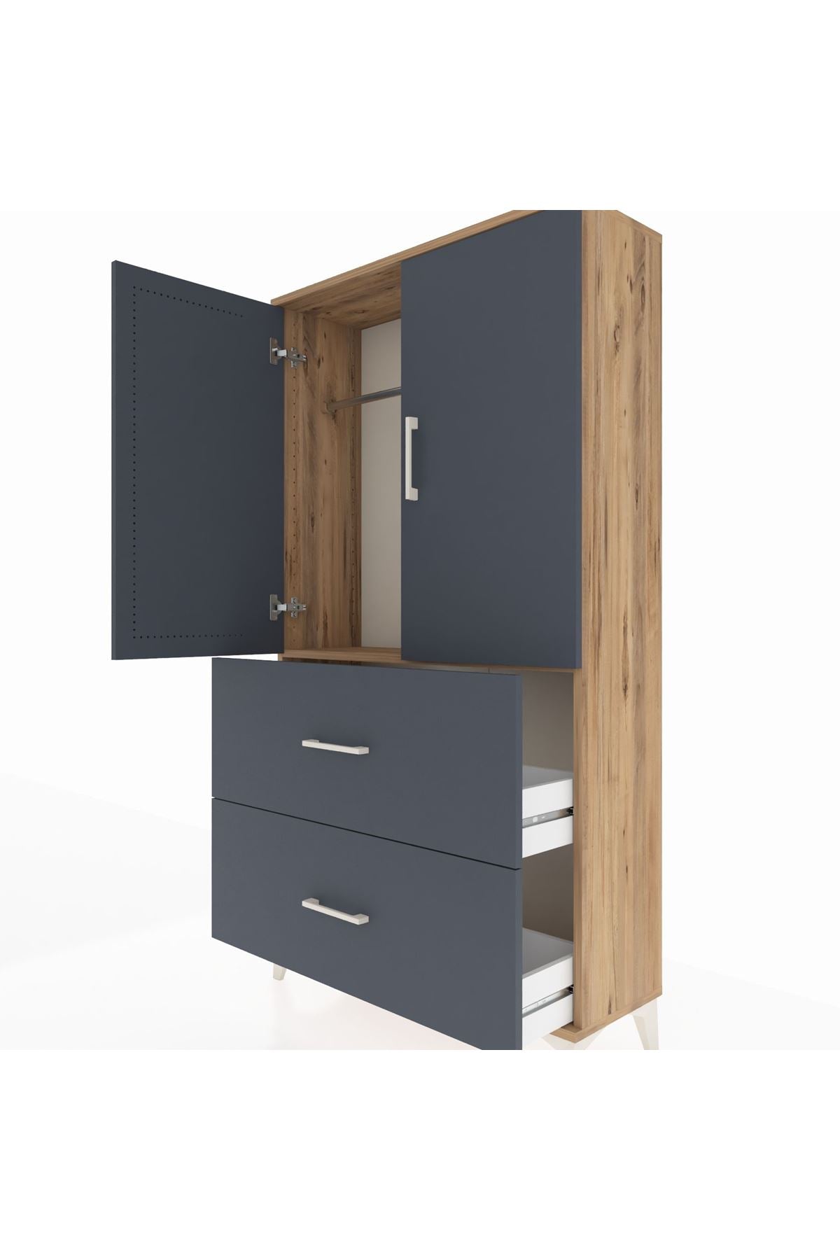 Arges Dolap Tek Raflı 2 Çekmeceli Tek Askılı 88x30x163 Çam-Antrasit