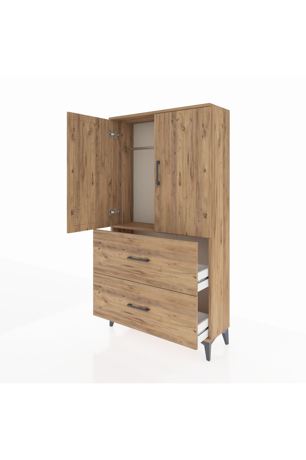 Arges Dolap Tek Raflı 2 Çekmeceli Tek Askılı 88x30x163 Çam-Çam