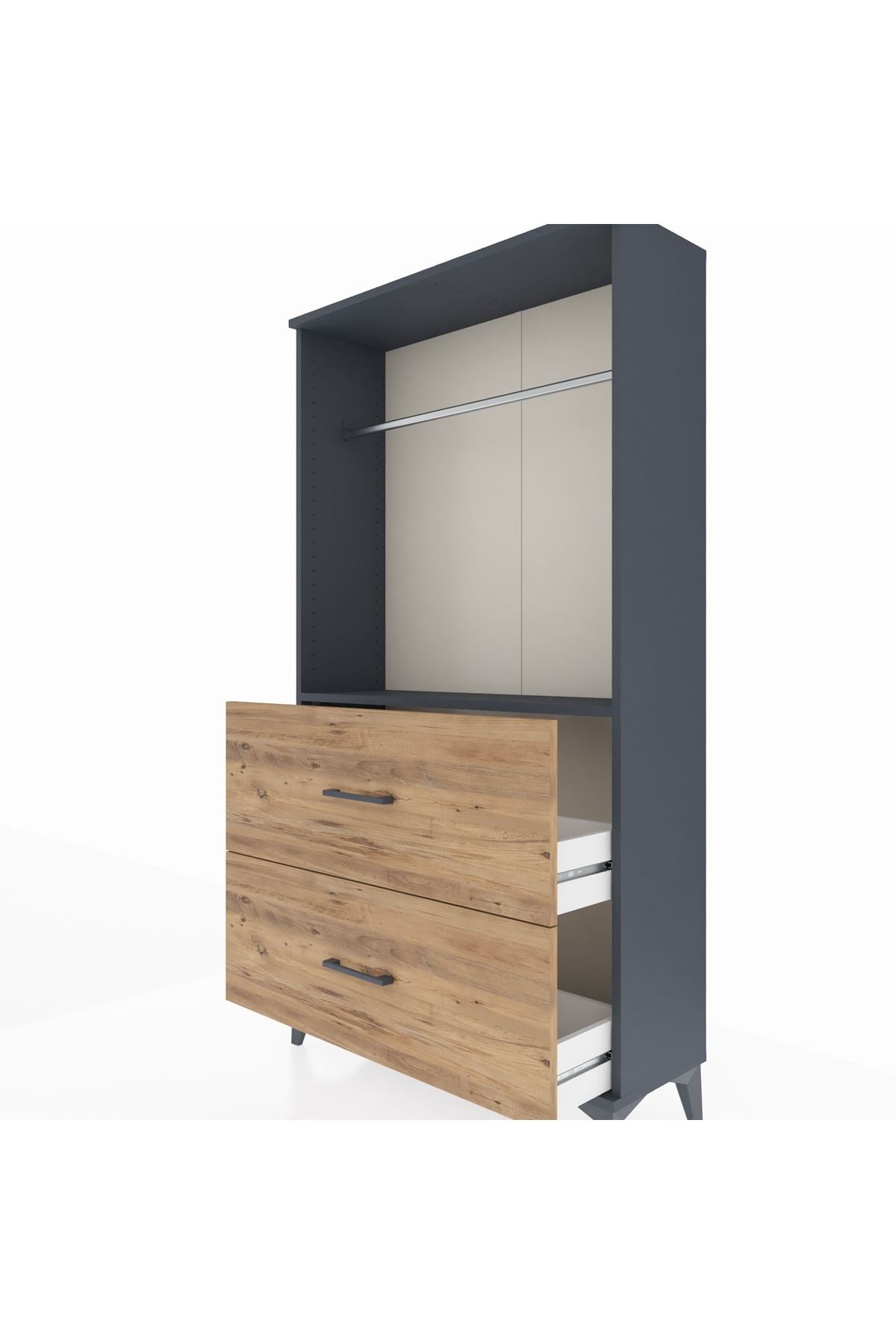 Arges Dolap Tek Raflı 2 Çekmeceli Tek Askılı 88x30x163 Antrasit-Çam
