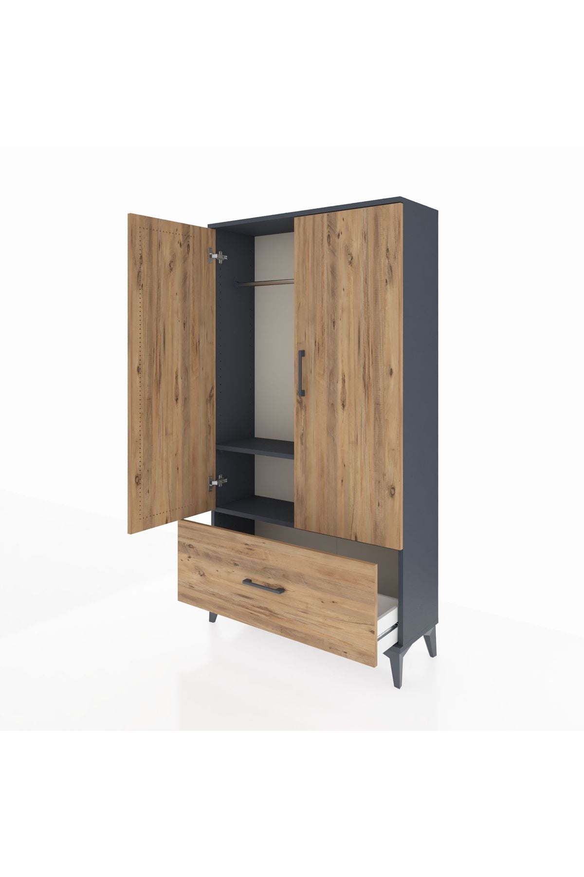 Arges Dolap 2 Raflı Tek Çekmeceli Tek Askılı 88x30x163 Antrasit-Çam