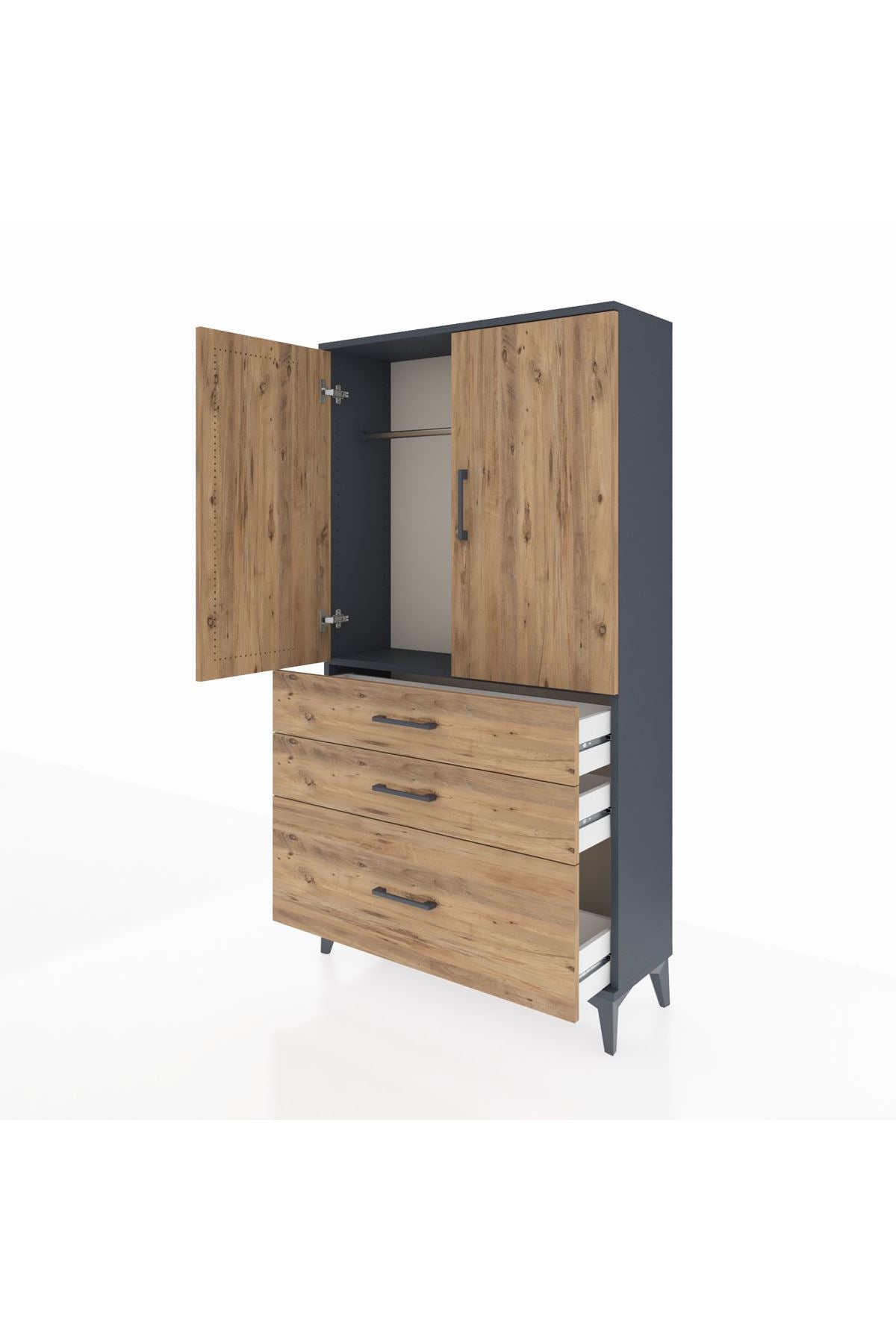 Arges Dolap Tek Raflı 3 Çekmeceli Tek Askılı 88x30x163 Antrasit-Çam