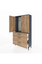 Arges Dolap Tek Raflı 3 Çekmeceli Tek Askılı 88x30x163 Antrasit-Çam