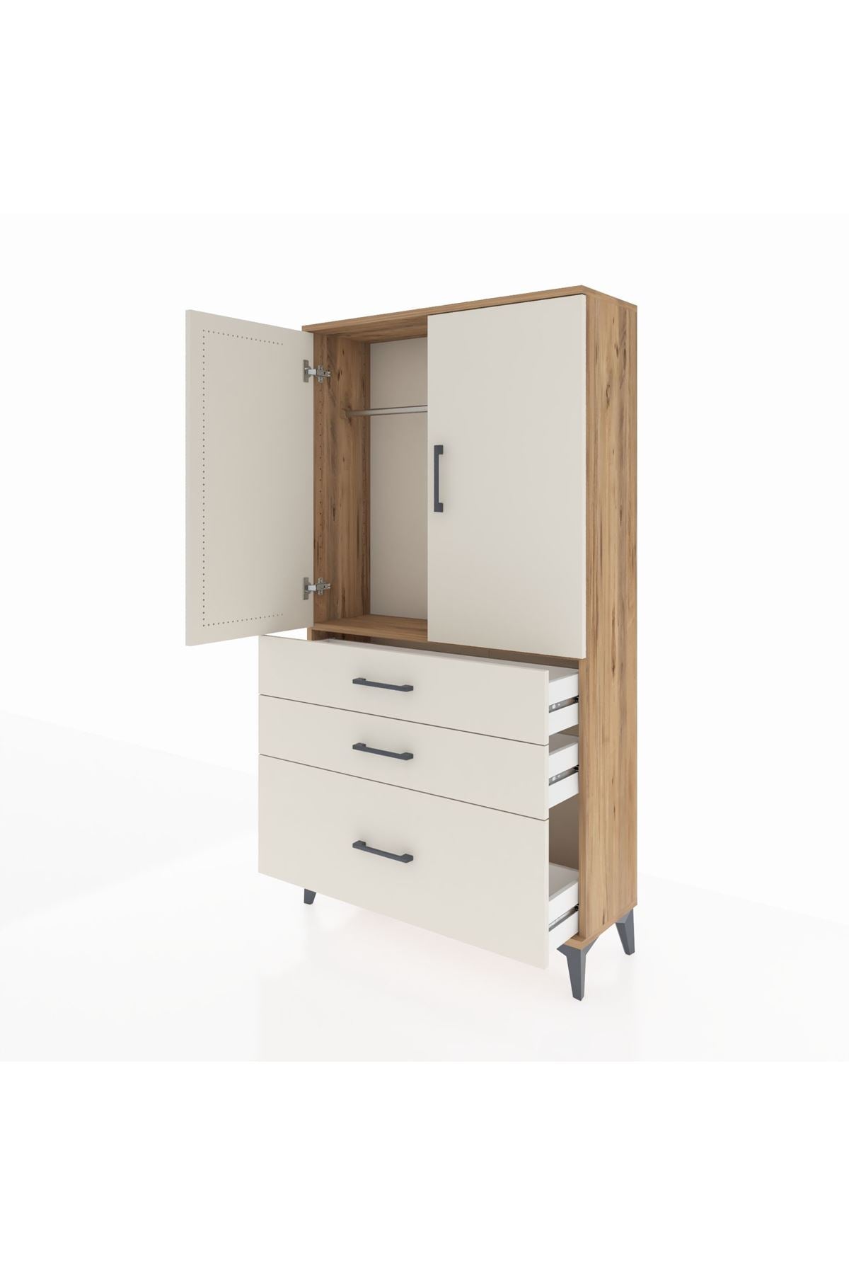 Arges Dolap Tek Raflı 3 Çekmeceli Tek Askılı 88x30x163 Çam-Aytaşı