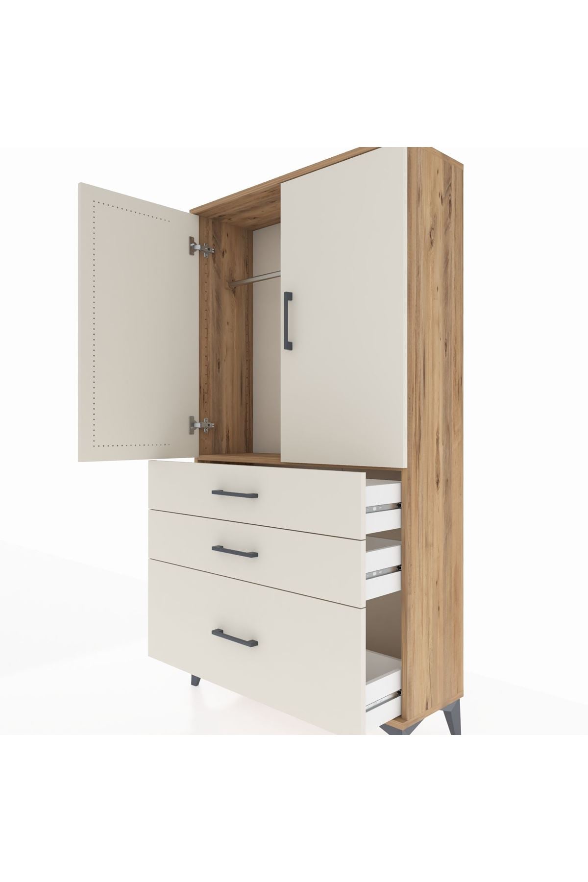 Arges Dolap Tek Raflı 3 Çekmeceli Tek Askılı 88x30x163 Çam-Aytaşı
