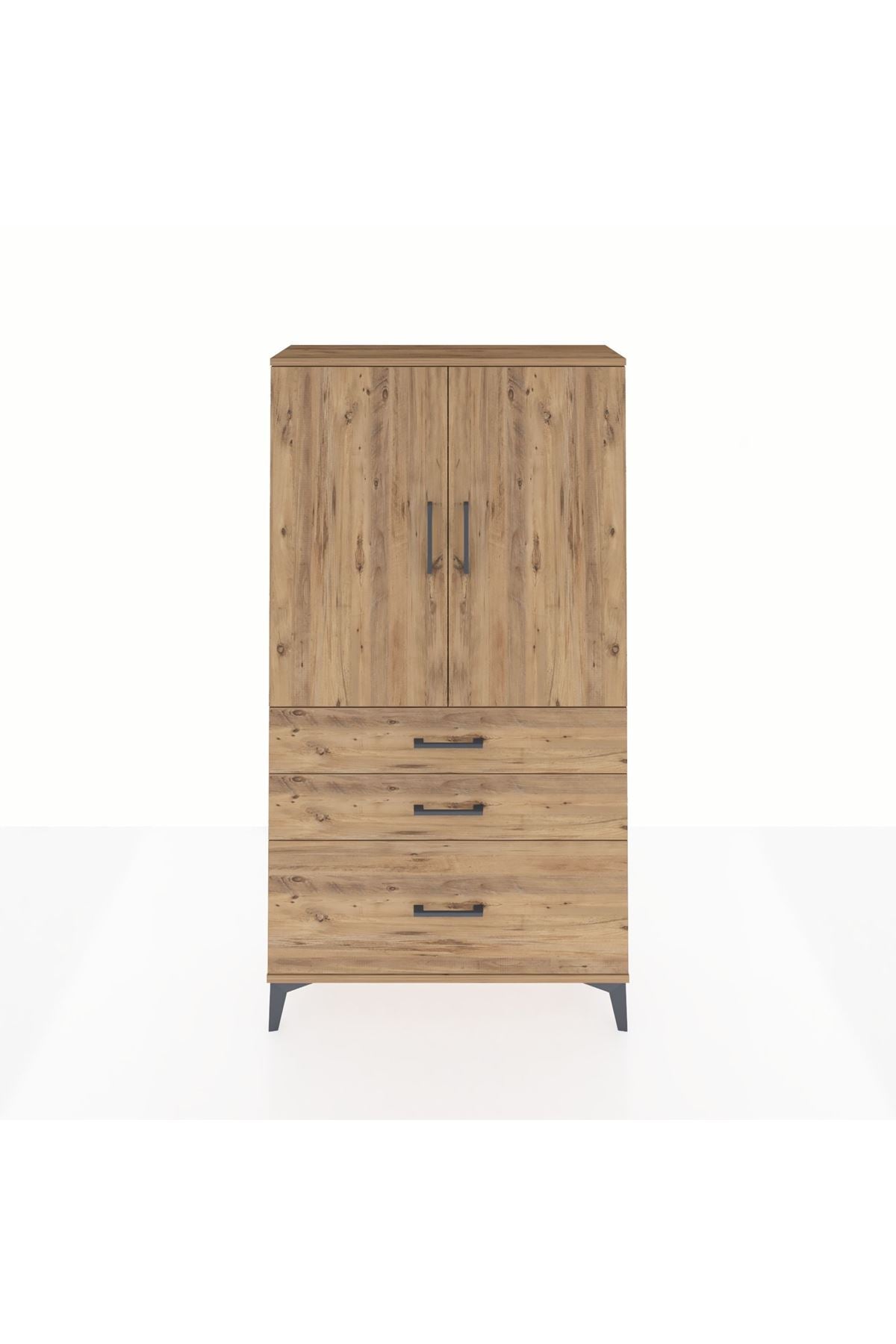 Arges Dolap Tek Raflı 3 Çekmeceli Tek Askılı 88x30x163 Çam-Çam