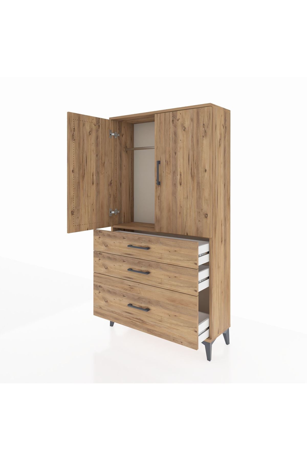 Arges Dolap Tek Raflı 3 Çekmeceli Tek Askılı 88x30x163 Çam-Çam