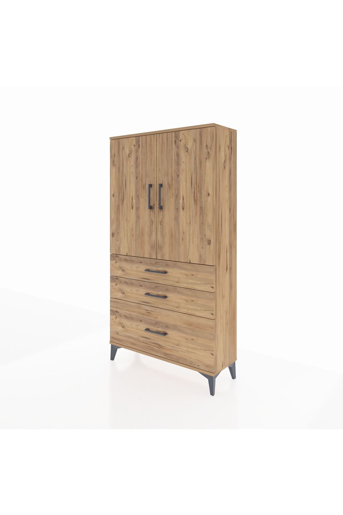 Arges Dolap Tek Raflı 3 Çekmeceli Tek Askılı 88x30x163 Çam-Çam