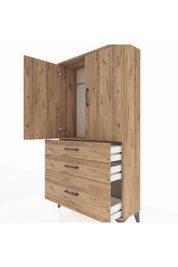 Arges Dolap Tek Raflı 3 Çekmeceli Tek Askılı 88x30x163 Çam-Çam