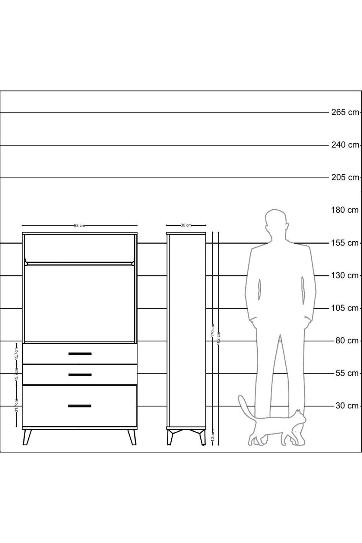 Arges Dolap Tek Raflı 3 Çekmeceli Tek Askılı 88x30x163 Aytaşı-Çam