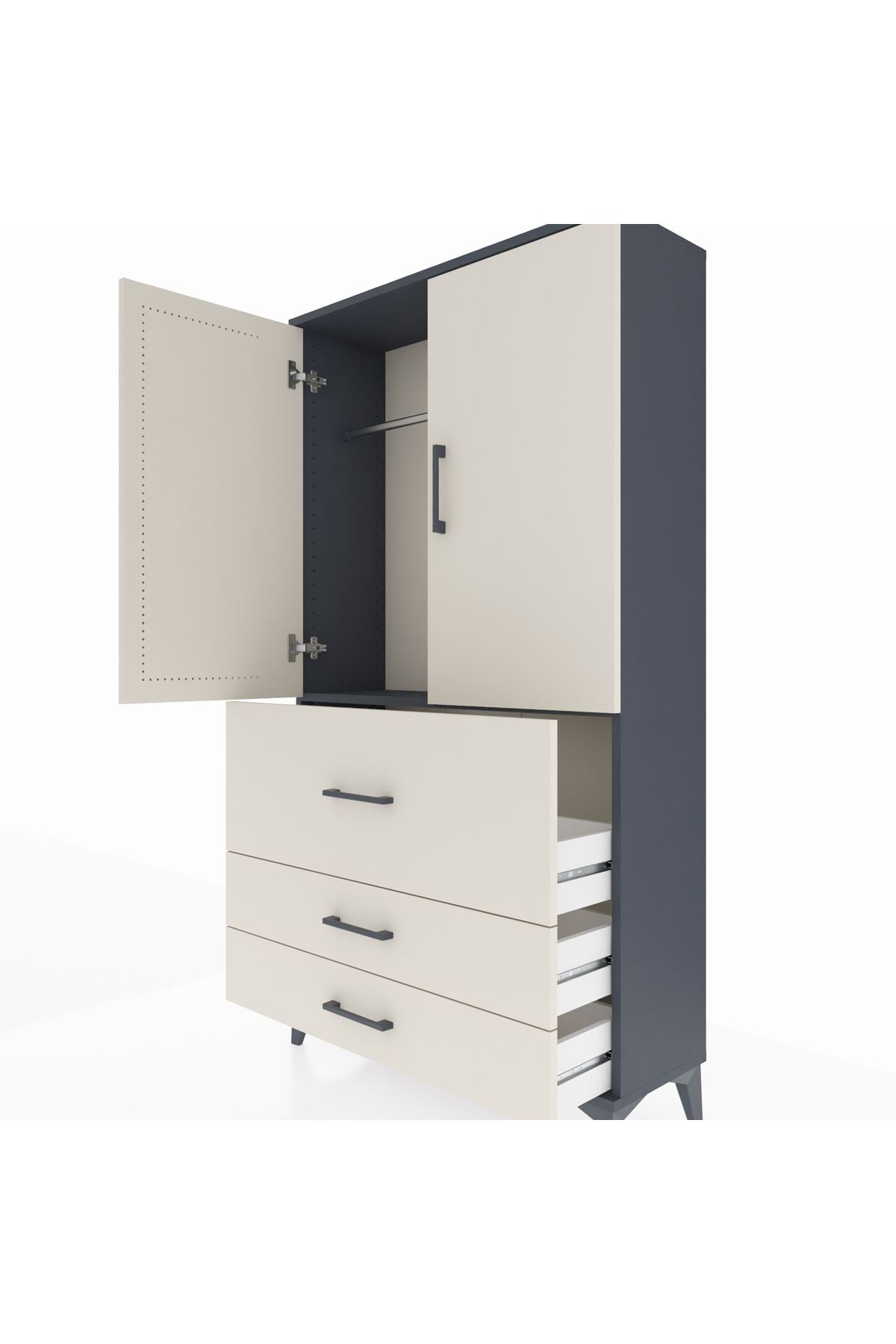 Arges Dolap Tek Raflı 3 Çekmeceli Tek Askılı 88x30x163 Antrasit-Aytaşı