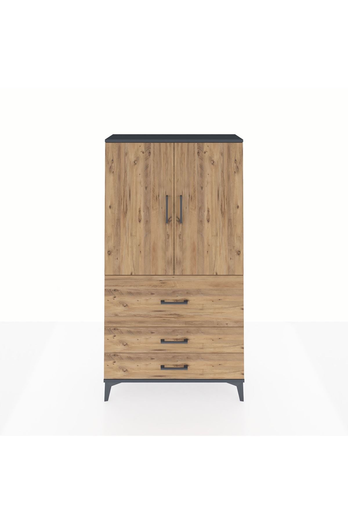 Arges Dolap Tek Raflı 3 Çekmeceli Tek Askılı 88x30x163 Antrasit-Çam