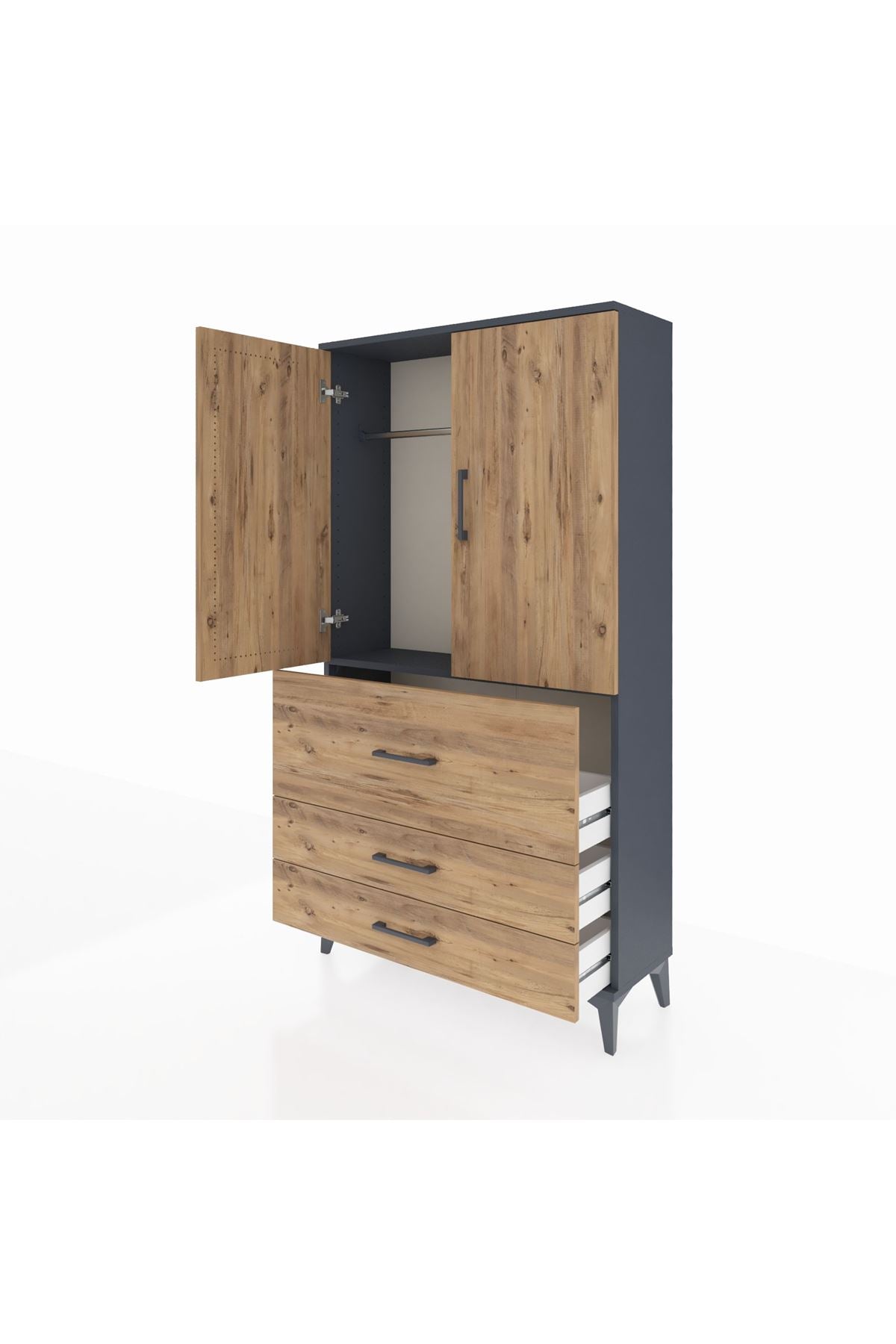 Arges Dolap Tek Raflı 3 Çekmeceli Tek Askılı 88x30x163 Antrasit-Çam